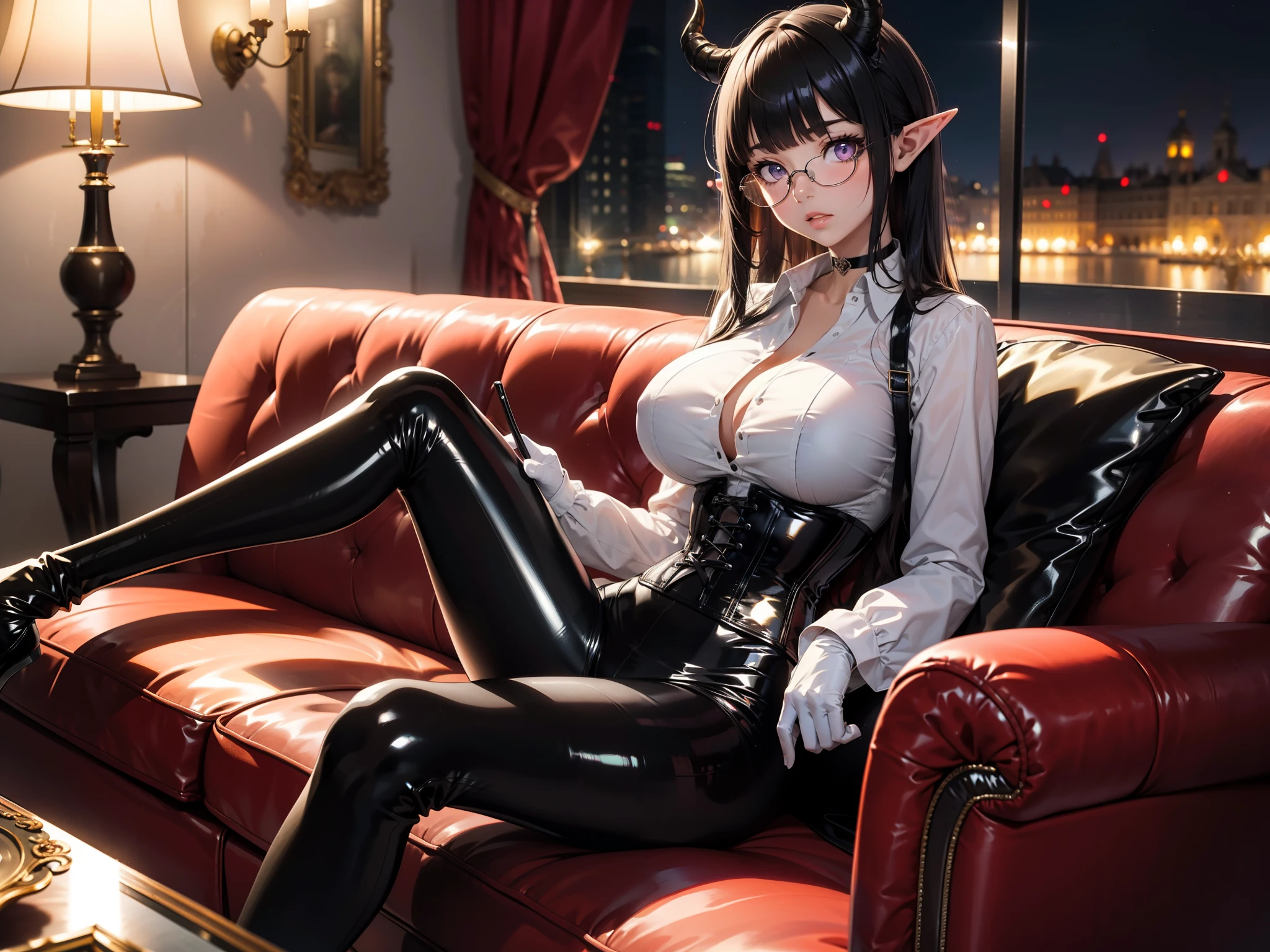 (shaded face:1.2), hollow eyes, yellow eyes, looking at viewer, heavy breathing, smirk, uppert teeth, long_hair, pointy_ears, yellow_eyes, black_hair, very_long_hair, game controller print, black shirt, black sweater, sitting, spread legs, sofa, livingroom, "Photorealistic, Hyperrealistic, Hyperdetailed, analog style, soft lighting, subsurface scattering, realistic, heavy shadow, masterpiece, best quality, ultra realistic, 8k, golden ratio, Intricate, High Detail, film photography, soft focus"