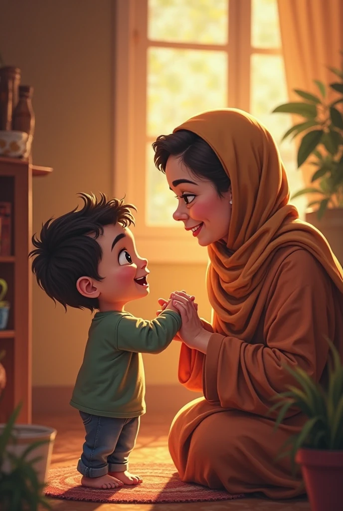 Hijab superhero playing game with her daughter