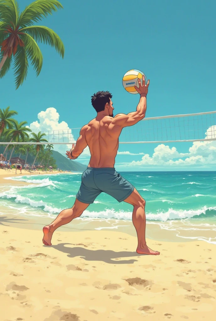 Bodybilder play vollyball on beach. Womens are chearing