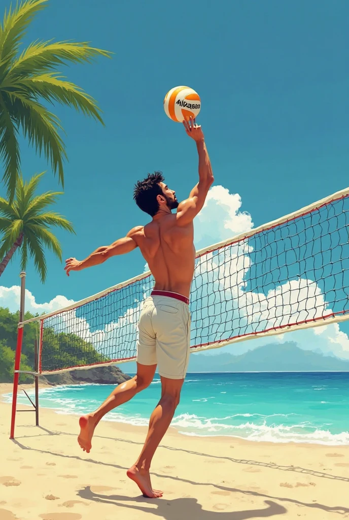 １male, alone, (yossan), (Beach Volleyball),  Ultra-high resolution,beard, Glasses, ((Are fat)), Tropical Beach, Clear water, Distant islands々, Palm Tree,
The moment the ball crosses the net, Players fighting on the court,
Motion blur, The sound of waves, Sunlight reflection, Vivid contrast,