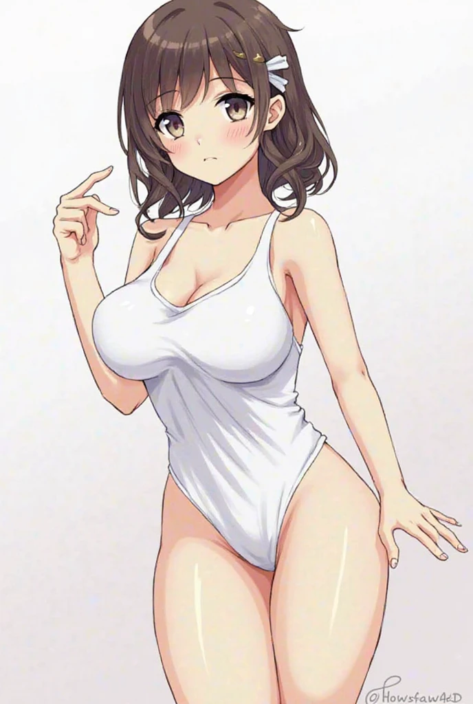 masterpiece, highest quality, High resolution, One girl, solo, sexual intercourse, Pornographic images, short hair, etsukoto, brown Eyes, fine grain, fine grain, (((Thick thighs, Plump thighs, Voluptuous thighs, Thighs alone are enough))), Huge and ample breasts, Cleavage, big long breasts, Naughty big,((big breasts are important))、((Naughty thighs)), L Cup, (thin:1.4),(Tight waist:1.4), (white swimsuit:1.4), anguish, open mouth, blush, (((Simple Background))), ((Wide Hips)), Shiny, Oily skin, Mature mother, Calf, Seductive mature woman, milf, Perfect body, Plus Size Model, curvy, ample, etsukoto, blush, clavicle, retro artstyle, 1990s (style), (thick thighs:1.4), bursting breast, arms up, from side,