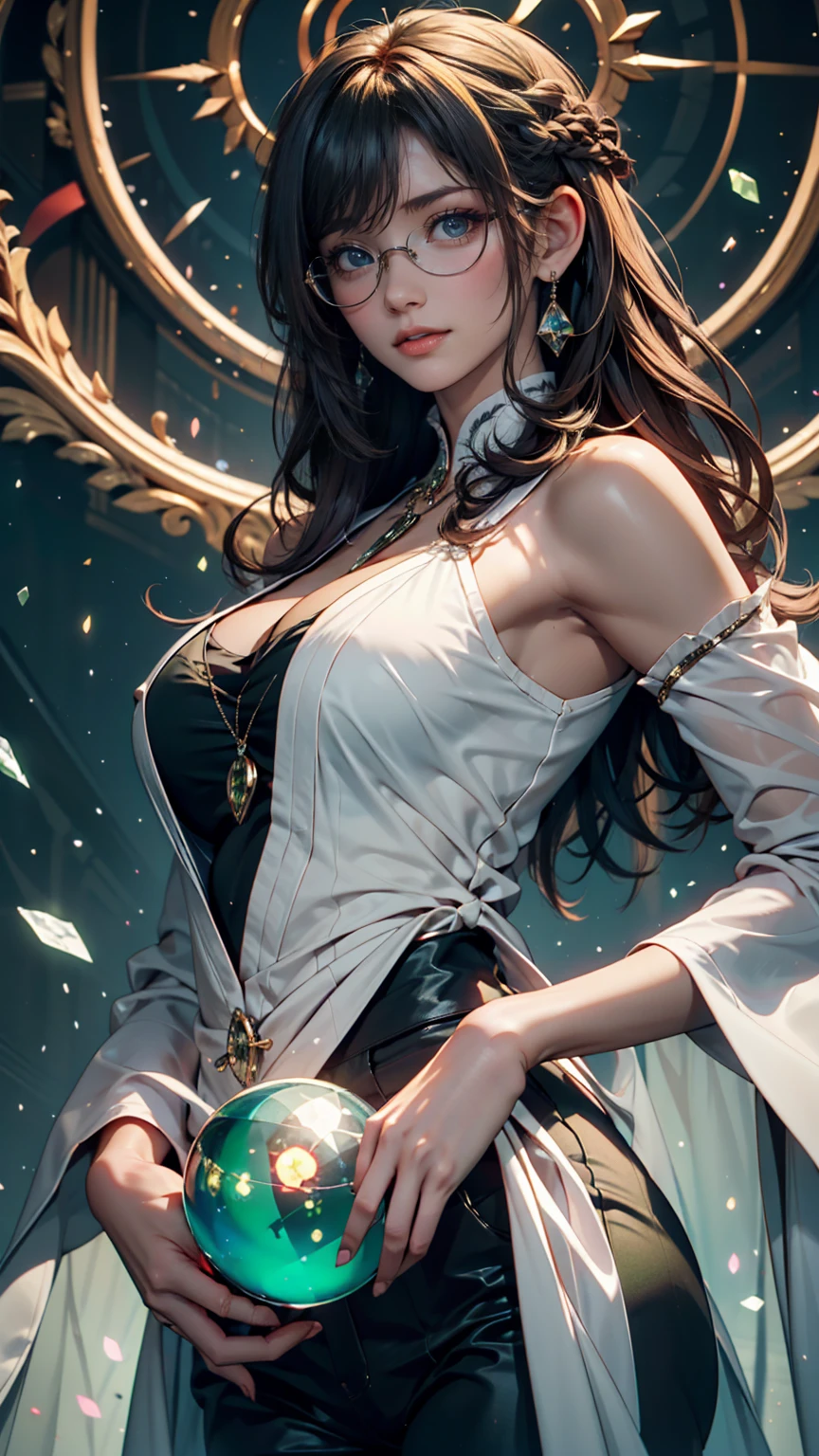 masterpiece, Highest quality, One person, with long flowing iridescent hair in shades of purple, green, Green and, Wearing a shiny black bodysuit, Place one hand on your hip、In the other hand, a light shines, Magic crystal ball. background, A swirl of light and energy、It gives the scene a mysterious and enchanting atmosphere.。. glow 髪, Multicolor Hair