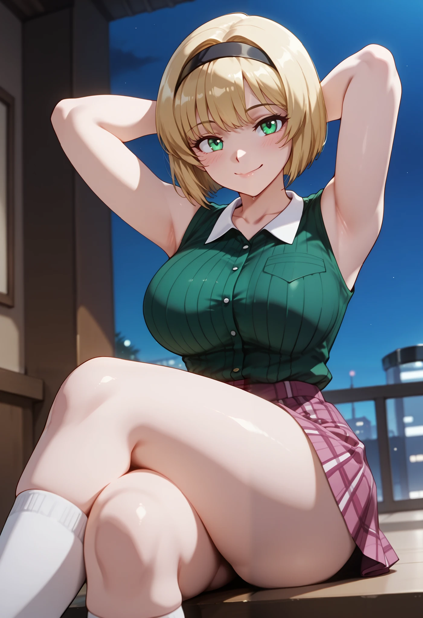 (dynamic angle, wide view, wide-angle lens, extremely detailed, CG, 8k Amazing, finely detail)), (intricate details, depth of field), 8k UHD, (masterpiece, best quality), ((amazing quality,very aesthetic,absurdres,best quality,newest, masterpiece)), ultra detailed, best quality, beautiful face, perfect anatomy, anatomically correct, athletic sexy body, Expressiveh, (cute face, cute body))), ((happy girl, proud to show her body)), ((((Miki H, blonde hair, bobcut, short hair,bangs, green eyes, black hairband, large breast, green striped shirt, sleeveless shirt, white collar, plaid pink miniskirt, white socks))), ((large breasts, slim sexy body, curvy hips, seductive pose, flirting, naughty face, blush)), (((looking at viewer, happy smile, joy, cowboy shot, dynamic pose)))), curvy, toned, athletic, sitting, arms up, crossed legs, ((((profile shot)))), (((seductive pose, sexy pose, cowboy pose)), indoors,((hourglass figure)), ((pinup pose, seductive pose,dynamic pose, seductive), ((precise face and eyes:1)) , ((looking at back, full body shot, hourglass figure, wide hips)))), fantasy, outdoors, ((highly detailed, highres, 8k, uhd, High Dynamic Range, tonemapping, crisp details, intricate details, fine details)), ((highly detailed skin texture, finely detailed hair, perfect face, perfect body, perfect hair, perfect anatomy, portrait)), finely detailed skin, sharp focus, (cinematic lighting), collarbone, night, soft lighting, dynamic angle, Side View, Shot From Side, Low View,