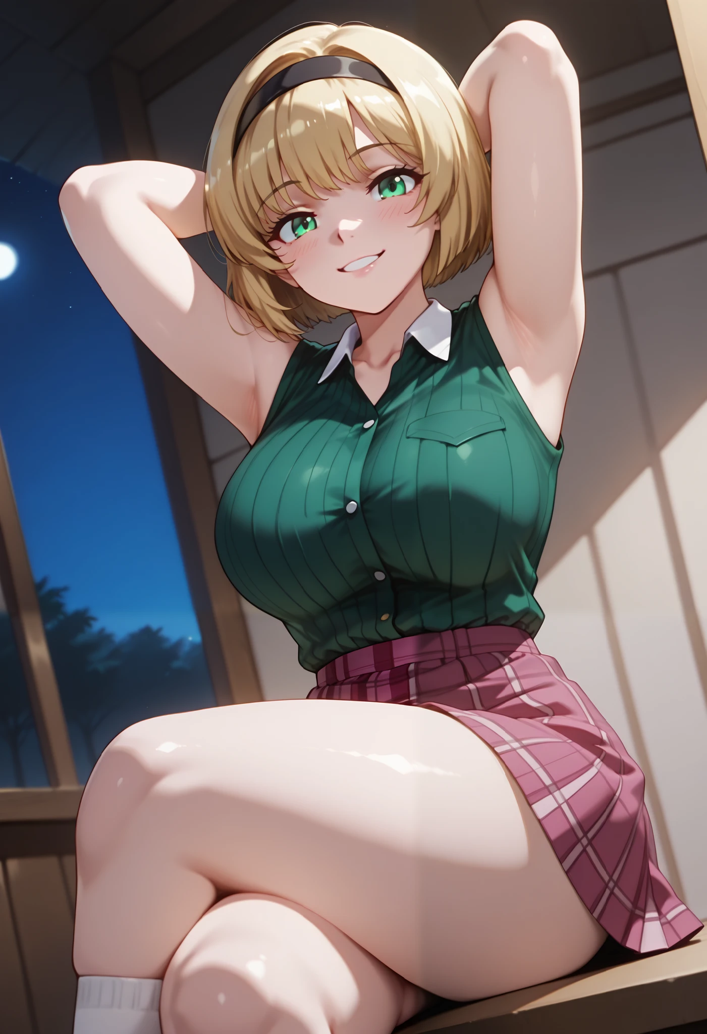 (dynamic angle, wide view, wide-angle lens, extremely detailed, CG, 8k Amazing, finely detail)), (intricate details, depth of field), 8k UHD, (masterpiece, best quality), ((amazing quality,very aesthetic,absurdres,best quality,newest, masterpiece)), ultra detailed, best quality, beautiful face, perfect anatomy, anatomically correct, athletic sexy body, Expressiveh, (cute face, cute body))), ((happy girl, proud to show her body)), ((((Miki H, blonde hair, bobcut, short hair,bangs, green eyes, black hairband, large breast, green striped shirt, sleeveless shirt, white collar, plaid pink miniskirt, white socks))), ((large breasts, slim sexy body, curvy hips, seductive pose, flirting, naughty face, blush)), (((looking at viewer, happy smile, joy, cowboy shot, dynamic pose)))), curvy, toned, athletic, sitting, arms up, crossed legs, ((((profile shot)))), (((seductive pose, sexy pose, cowboy pose)), indoors,((hourglass figure)), ((pinup pose, seductive pose,dynamic pose, seductive), ((precise face and eyes:1)) , ((looking at back, full body shot, hourglass figure, wide hips)))), fantasy, outdoors, ((highly detailed, highres, 8k, uhd, High Dynamic Range, tonemapping, crisp details, intricate details, fine details)), ((highly detailed skin texture, finely detailed hair, perfect face, perfect body, perfect hair, perfect anatomy, portrait)), finely detailed skin, sharp focus, (cinematic lighting), collarbone, night, soft lighting, dynamic angle, Side View, Shot From Side, Low View,