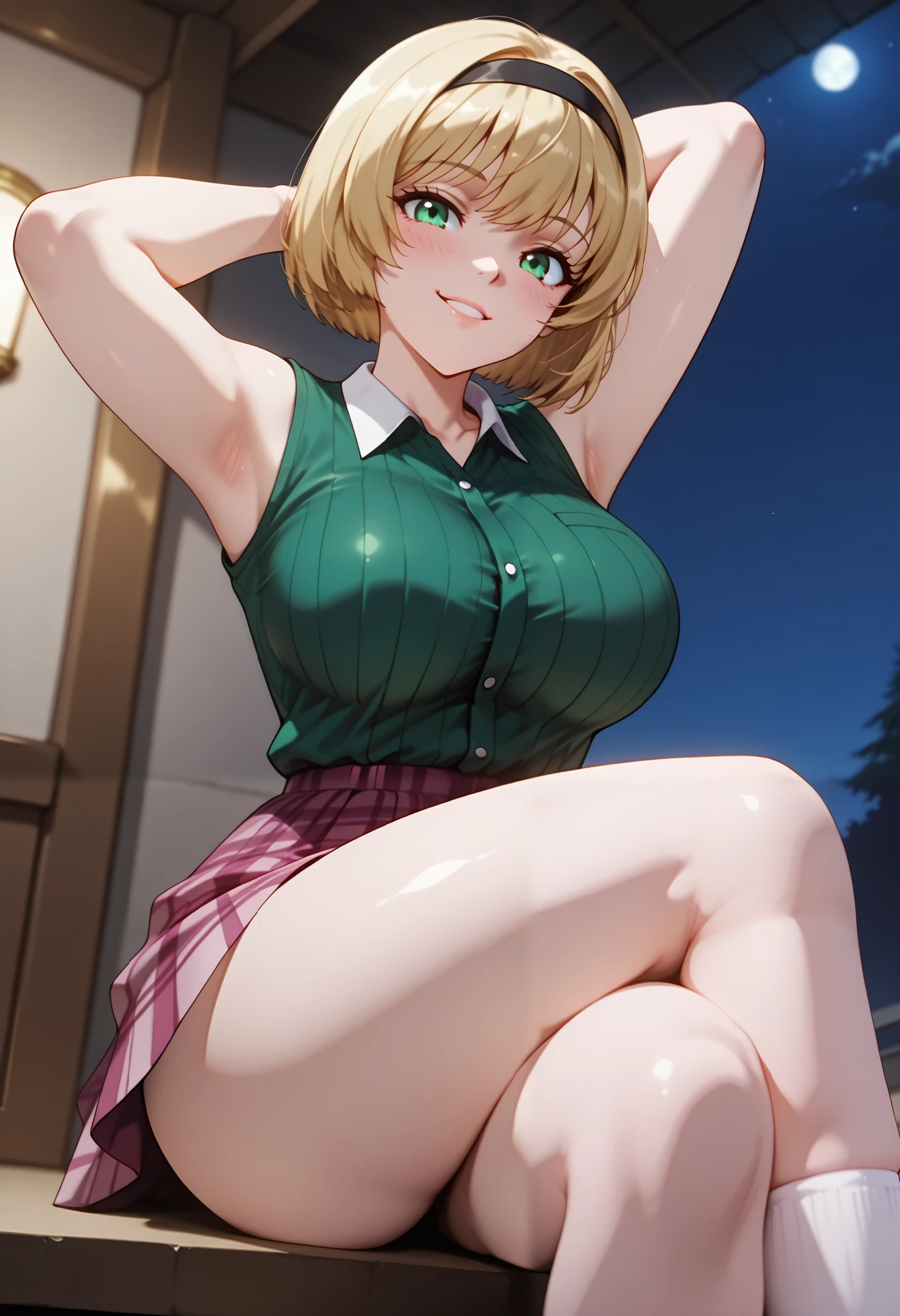 (dynamic angle, wide view, wide-angle lens, extremely detailed, CG, 8k Amazing, finely detail)), (intricate details, depth of field), 8k UHD, (masterpiece, best quality), ((amazing quality,very aesthetic,absurdres,best quality,newest, masterpiece)), ultra detailed, best quality, beautiful face, perfect anatomy, anatomically correct, athletic sexy body, Expressiveh, (cute face, cute body))), ((happy girl, proud to show her body)), ((((Miki H, blonde hair, bobcut, short hair,bangs, green eyes, black hairband, large breast, green striped shirt, sleeveless shirt, white collar, plaid pink miniskirt, white socks))), ((large breasts, slim sexy body, curvy hips, seductive pose, flirting, naughty face, blush)), (((looking at viewer, happy smile, joy, cowboy shot, dynamic pose)))), curvy, toned, athletic, sitting, arms up, crossed legs, ((((profile shot)))), (((seductive pose, sexy pose, cowboy pose)), indoors,((hourglass figure)), ((pinup pose, seductive pose,dynamic pose, seductive), ((precise face and eyes:1)) , ((looking at back, full body shot, hourglass figure, wide hips)))), fantasy, outdoors, ((highly detailed, highres, 8k, uhd, High Dynamic Range, tonemapping, crisp details, intricate details, fine details)), ((highly detailed skin texture, finely detailed hair, perfect face, perfect body, perfect hair, perfect anatomy, portrait)), finely detailed skin, sharp focus, (cinematic lighting), collarbone, night, soft lighting, dynamic angle, Side View, Shot From Side, Low View,, (side_view_perspective:1.3)