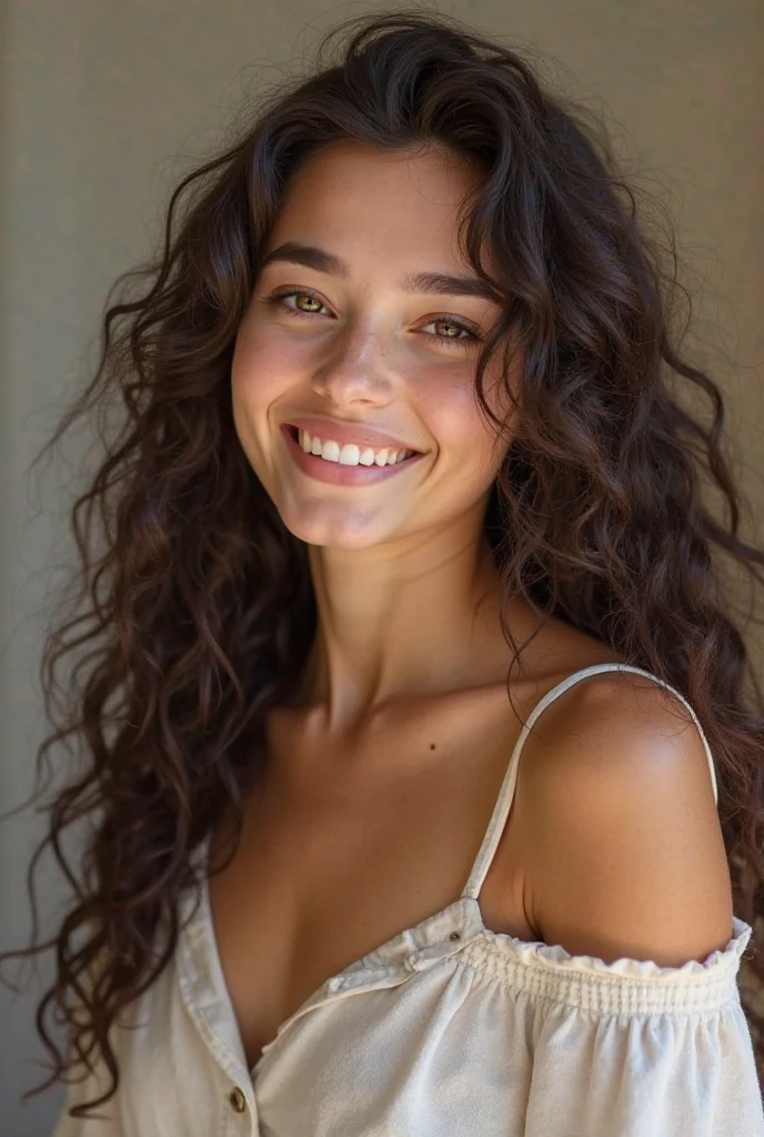 Beautiful woman in her thirties curly brunette hair, smiling