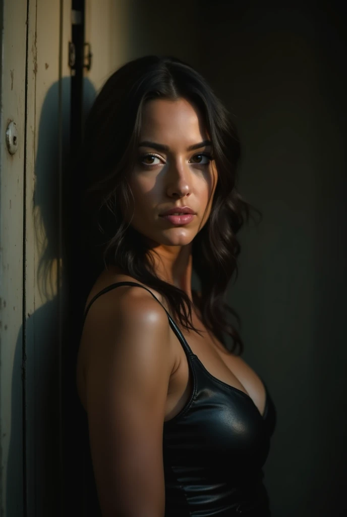 Photorealistic image of an adult girl with dark hair, dressed as Lara Croft, In shorts and top, lies against the background of a dirty rusty wall, prison cell in space, it is fully visible, a little further away, there is a grate on one of the walls