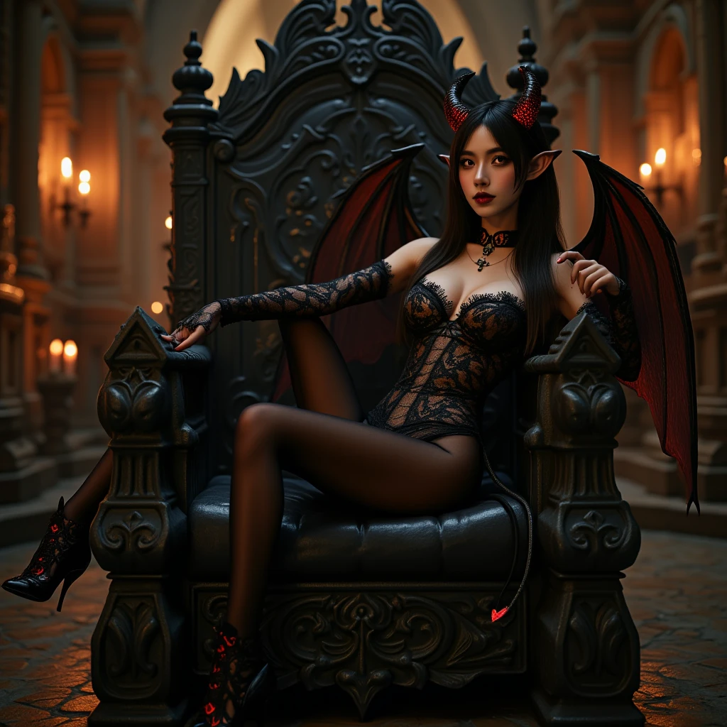 A sexy woman in a black leather outfit is sitting on a red sofa and wearing devil wings, beautiful Succubus, Succubus in tight short dress, Succubus, Succubus | Medieval, A beautiful and elegant demon queen, The villain has black angel wings, Succubus in sundress portrait, Demonic, Devil Girl, Devil Anime Girl, Very sexy devil costume, Devil sitting style、Devilman Lady