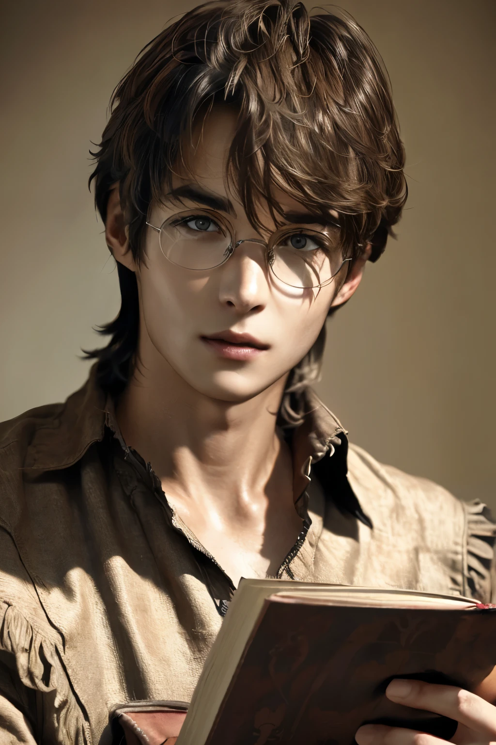 dark brown hair and big dark brown eyes((精密細密なplain glasses))read big magic books((Relaxed fantasy outfits))