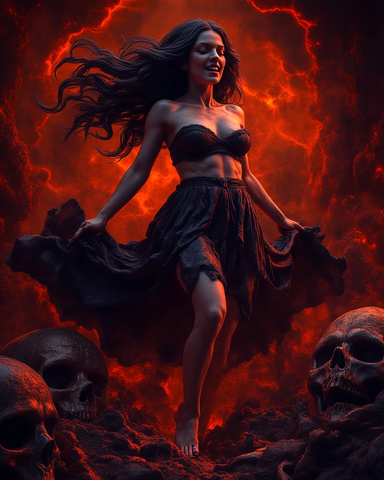 A sexy woman with a devil's head
 in hell with fire
 with horns
 Scary face with an evil laugh
 The full length, including the legs, should be clear
 A black dress and naked
red body