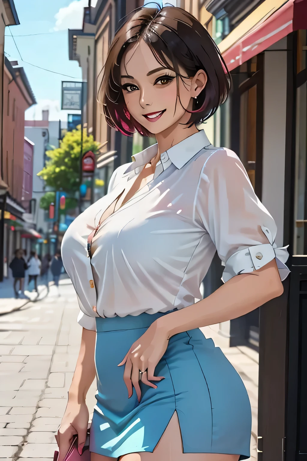 ((((masterpiece, Highest quality, High resolution)))), Extremely detailed 8K, Beautiful with a voluptuous body, (ultra HD, Very detailed, Very detailed, Very realistic, ultra-realistic, Photo Real), (One Woman:1.5), beautiful, Very detailed顔, fine grain, (eyelash), double eyelid, grin,(Realistic black hair), (Short Wavy Hair, hair ornaments, Earrings), (Dynamic pose), To the camera, View your viewers, (Blushing, Embarrassing, smile), (Sharp eyes), (Large firm breasts:1.2), (Beautiful detailed face, Beautiful attention to detail), ((blouse, Tight mini skirt)), (detailed pussy), (stand up), Sweat, Shine, (Sunbeam, sunlight), ((Cowboy Shot)), hotel, Fascinating