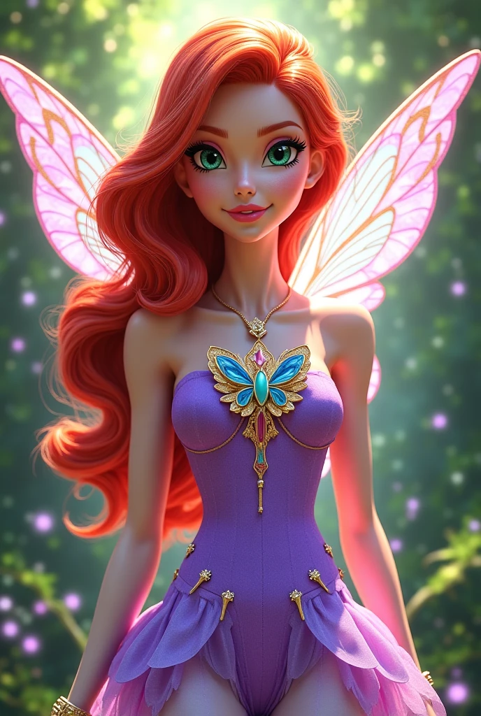 Real fairy magical like in a 1980s dark fantasy movie 3d ultra 8k Bloom from *Winx Club* is a character with bright, fiery red hair that flows in loose waves. She has blue eyes and a fair complexion. Her outfit typically includes a blue and green fairy dress with sparkling accents and butterfly or star motifs. She often wears matching accessories like a headband and shoes. Bloom’s overall look is vibrant and magical, with a little gold crown in her head reflecting her powers as the Fairy of the Dragon Flame