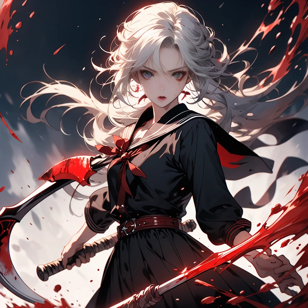 Create a woman with white hair and a kusarigama in her hands with a coat covered in blood.