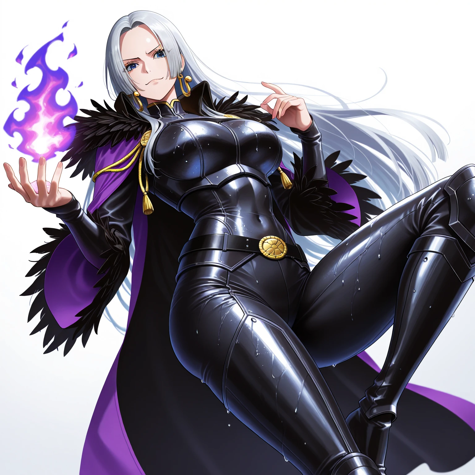 full body wearing golden metal sandals, stunningly drow female (very purple skin), muscular body, deep silver hair, pale chaik white skin, red eyes, black shackles on legs and arms, white leotard, green cloak