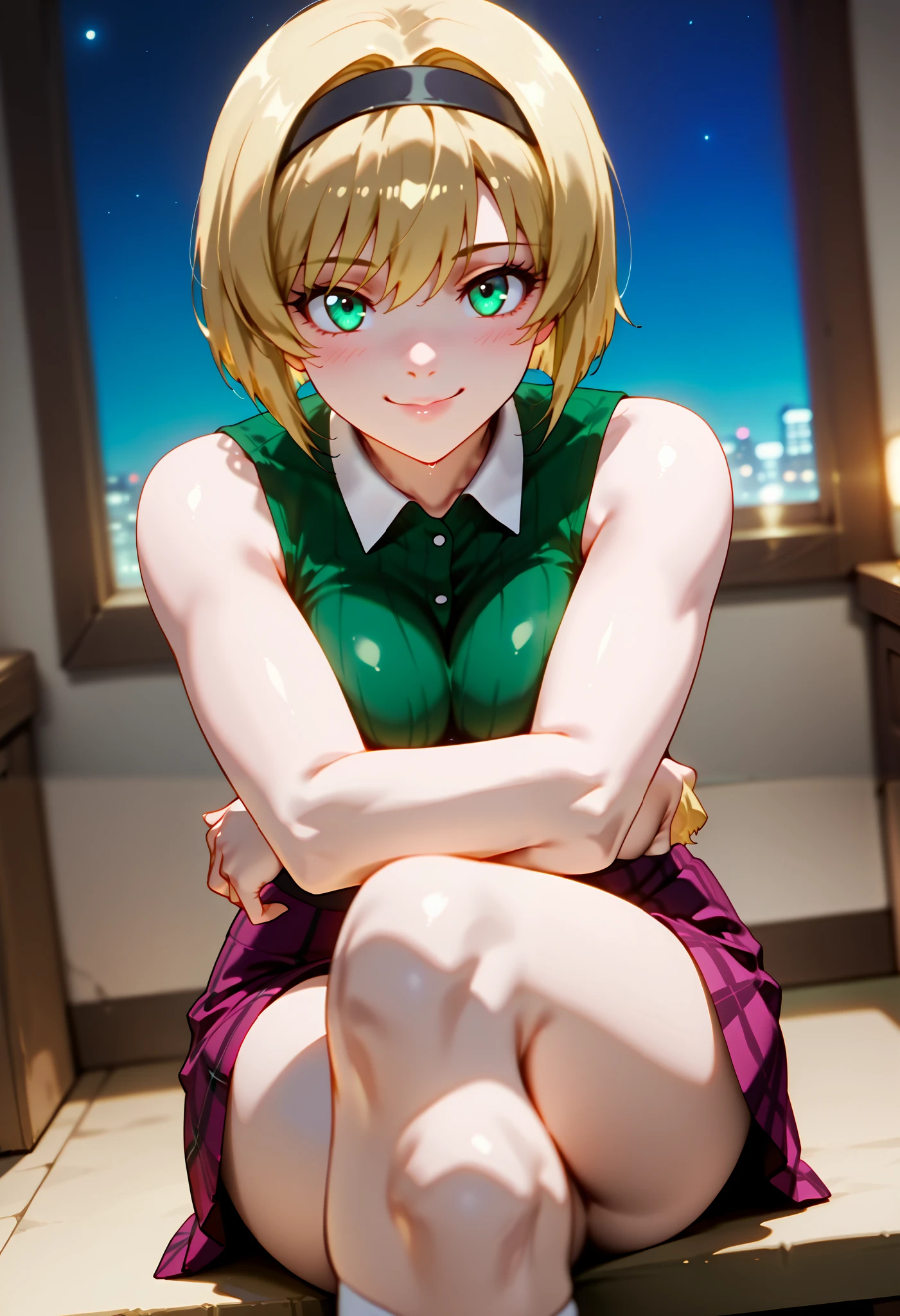 (dynamic angle, wide view, wide-angle lens, extremely detailed, CG, 8k Amazing, finely detail)), (intricate details, depth of field), 8k UHD, (masterpiece, best quality), ((amazing quality,very aesthetic,absurdres,best quality,newest, masterpiece)), ultra detailed, best quality, beautiful face, perfect anatomy, anatomically correct, athletic sexy body, Expressiveh, (cute face, cute body))), ((happy girl, proud to show her body)), ((((Miki H, blonde hair, bobcut, short hair,bangs, green eyes, black hairband, large breast, green striped shirt, sleeveless shirt, white collar, plaid pink miniskirt, white socks))), ((large breasts, slim sexy body, curvy hips, seductive pose, flirting, naughty face, blush)), (((looking at viewer, happy smile, joy, cowboy shot, dynamic pose)))), curvy, toned, athletic, sitting, arms down, crossed legs, ((((profile shot)))), (((seductive pose, sexy pose, cowboy pose)), indoors,((hourglass figure)), ((pinup pose, seductive pose,dynamic pose, seductive), ((precise face and eyes:1)) , ((looking at back, full body shot, hourglass figure, wide hips)))), fantasy, outdoors, ((highly detailed, highres, 8k, uhd, High Dynamic Range, tonemapping, crisp details, intricate details, fine details)), ((highly detailed skin texture, finely detailed hair, perfect face, perfect body, perfect hair, perfect anatomy, portrait)), finely detailed skin, sharp focus, (cinematic lighting), collarbone, night, soft lighting, dynamic angle, Side View, Shot From Side, Low View,, (side_view_perspective:1.3)