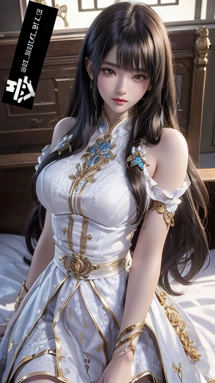 A young woman, Dressed in a flowing white dress, long black hair hanging down her back. She wears a jeweled tiara, White lace wrapped around her abdomen, exposed belly. She sits elegantly in the bustling city, In front of the blooming peach blossom trees. The camera captured her beautiful face, Intricate details highlight her film-like quality, Vivid and rich detail，Evoke a sense of awe. The artwork is presented in high-resolution 8K format, Showcase the Best quality at best，[show your toes]，（（（Gold-tone high heels, Smooth and shiny, Pointed toe and stiletto heels, Decorated with sparkling rhinestones，Overlooking the bustling city skyline)tmasterpiece, Best quality at best, Dream wave, Aesthetic,1 girl, cow boy shot, blue moopen,(insipid:1.1),(Dimension conversion:1.2),(divino:1.25), (magia:1.25),(respectable:1.2), bokeh  (Sharp:1.1), anime lola
