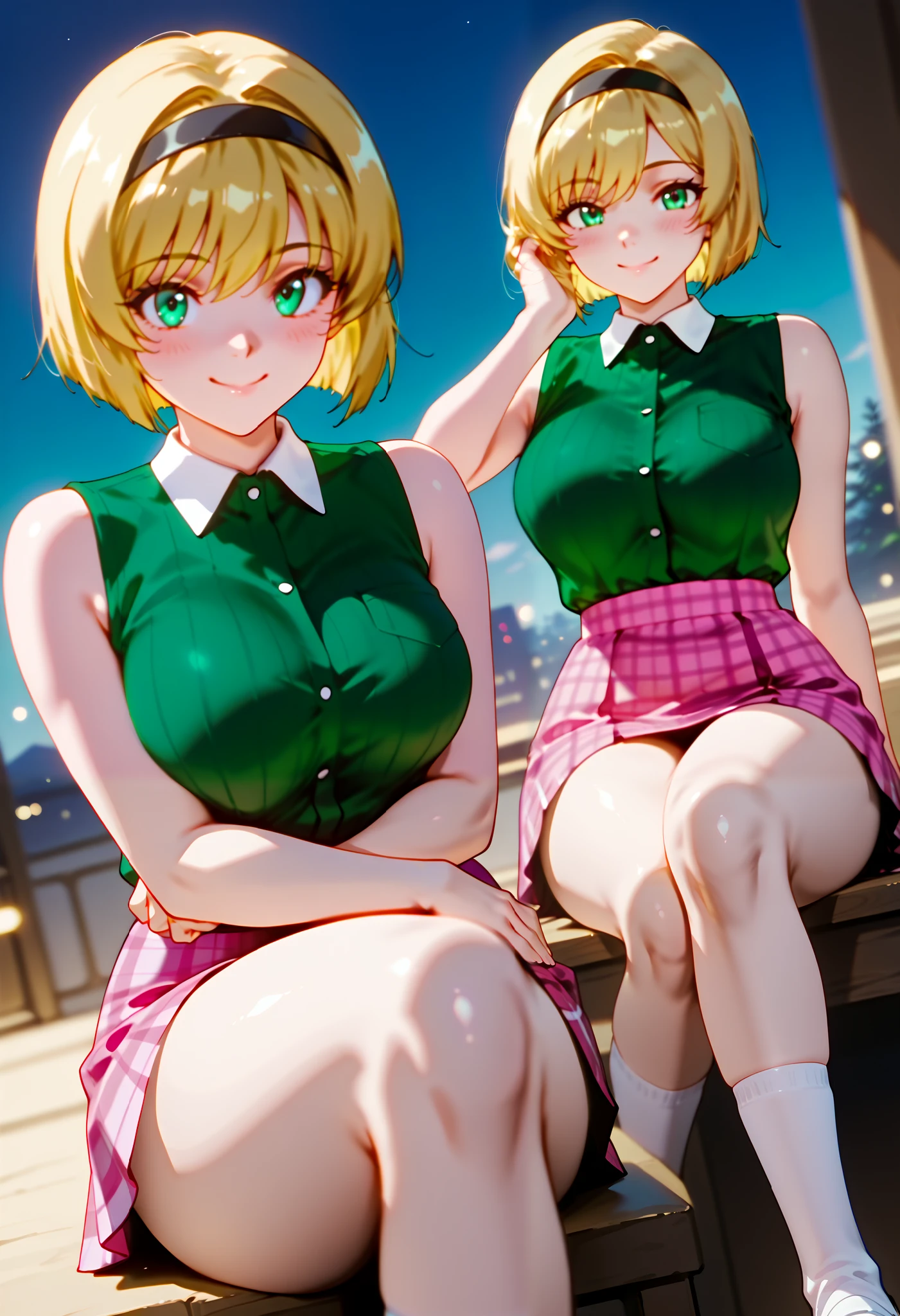 (dynamic angle, wide view, wide-angle lens, extremely detailed, CG, 8k Amazing, finely detail)), (intricate details, depth of field), 8k UHD, (masterpiece, best quality), ((amazing quality,very aesthetic,absurdres,best quality,newest, masterpiece)), ultra detailed, best quality, beautiful face, perfect anatomy, anatomically correct, athletic sexy body, Expressiveh, (cute face, cute body))), ((happy girl, proud to show her body)), ((((Miki H, blonde hair, bobcut, short hair,bangs, green eyes, black hairband, large breast, green striped shirt, sleeveless shirt, white collar, plaid pink miniskirt, white socks))), ((large breasts, slim sexy body, curvy hips, seductive pose, flirting, naughty face, blush)), (((looking at viewer, happy smile, joy, cowboy shot, dynamic pose)))), curvy, toned, athletic, sitting, arms down, crossed legs, ((((profile shot)))), (((seductive pose, sexy pose, cowboy pose)), indoors,((hourglass figure)), ((pinup pose, seductive pose,dynamic pose, seductive), ((precise face and eyes:1)) , ((looking at back, full body shot, hourglass figure, wide hips)))), fantasy, outdoors, ((highly detailed, highres, 8k, uhd, High Dynamic Range, tonemapping, crisp details, intricate details, fine details)), ((highly detailed skin texture, finely detailed hair, perfect face, perfect body, perfect hair, perfect anatomy, portrait)), finely detailed skin, sharp focus, (cinematic lighting), collarbone, night, soft lighting, dynamic angle, Side View, Shot From Side, Low View,, (side_view_perspective:1.3)