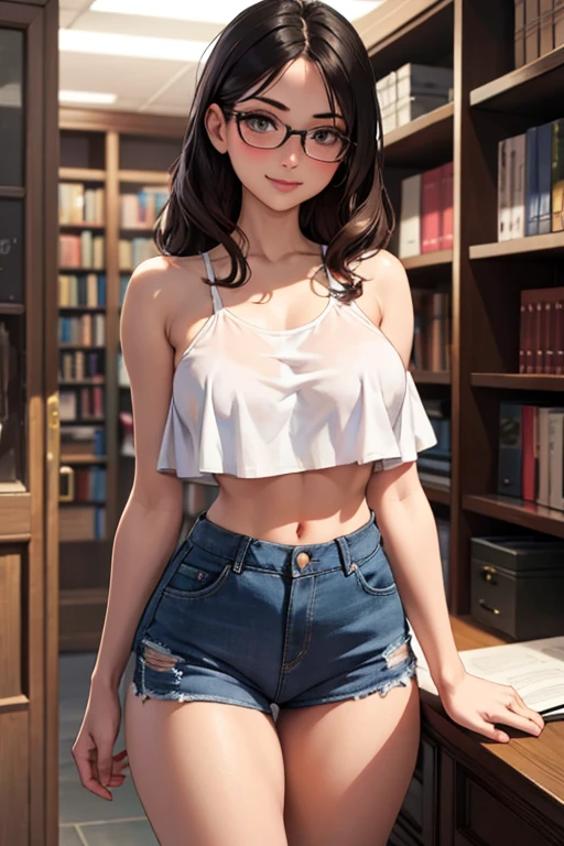 one beautiful girl, detailed beautiful hair, detailed beautiful eyes, black hair, small breasts, unbuttoned white shirt, red bra, jean shorts, cowboy shot, hand on hip, library, bookcases, dramatic lighting, Rembrandt lighting