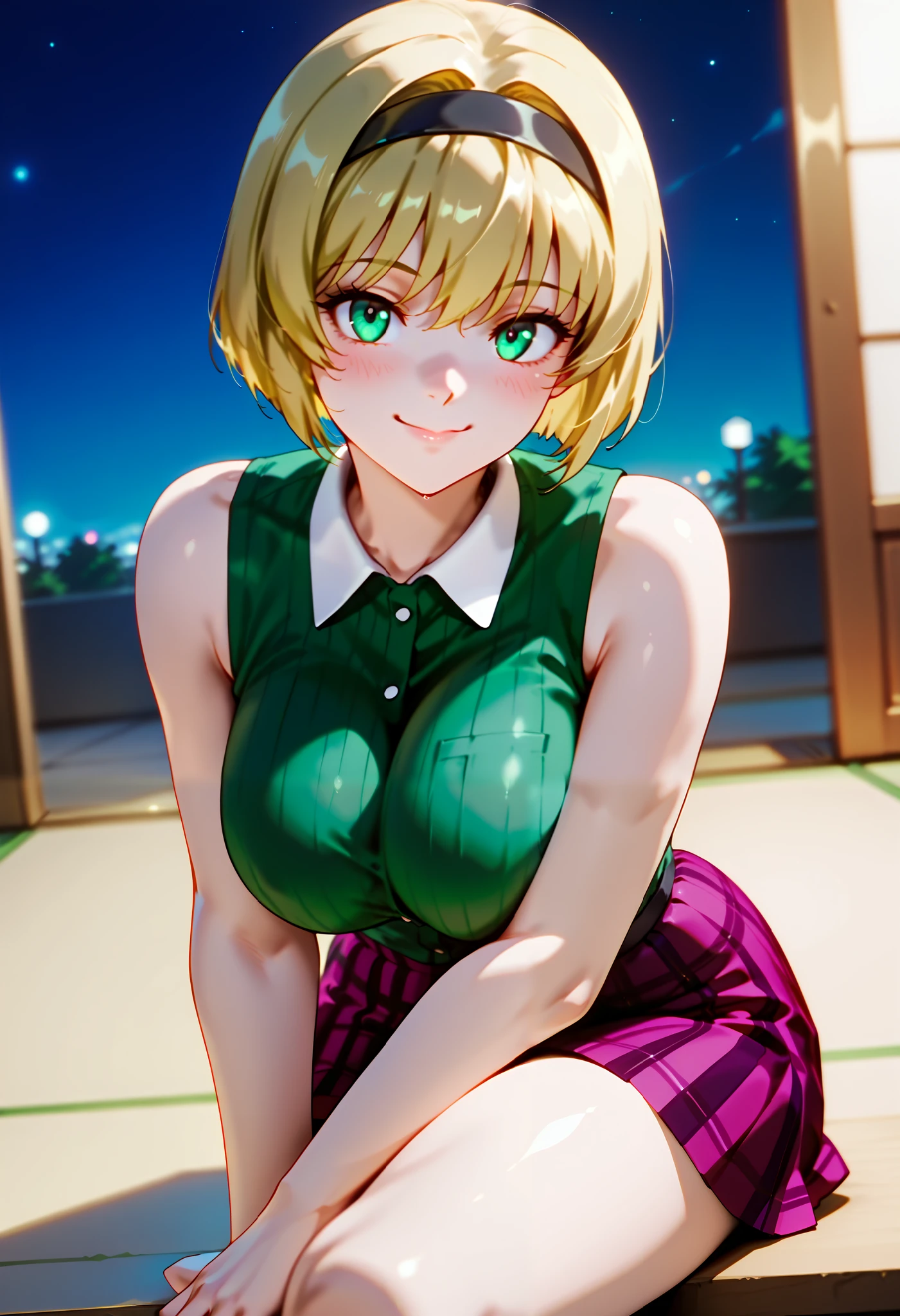 (dynamic angle, wide view, wide-angle lens, extremely detailed, CG, 8k Amazing, finely detail)), (intricate details, depth of field), 8k UHD, (masterpiece, best quality), ((amazing quality,very aesthetic,absurdres,best quality,newest, masterpiece)), ultra detailed, best quality, beautiful face, perfect anatomy, anatomically correct, athletic sexy body, Expressiveh, (cute face, cute body))), ((happy girl, proud to show her body)), ((((Miki H, blonde hair, bobcut, short hair,bangs, green eyes, black hairband, large breast, green striped shirt, sleeveless shirt, white collar, plaid pink miniskirt, white socks))), ((large breasts, slim sexy body, curvy hips, seductive pose, flirting, naughty face, blush)), (((looking at viewer, happy smile, joy, cowboy shot, dynamic pose)))), curvy, toned, athletic, sitting, arms down, crossed legs, ((((profile shot)))), (((seductive pose, sexy pose, cowboy pose)), indoors,((hourglass figure)), ((pinup pose, seductive pose,dynamic pose, seductive), ((precise face and eyes:1)) , ((looking at back, full body shot, hourglass figure, wide hips)))), fantasy, outdoors, ((highly detailed, highres, 8k, uhd, High Dynamic Range, tonemapping, crisp details, intricate details, fine details)), ((highly detailed skin texture, finely detailed hair, perfect face, perfect body, perfect hair, perfect anatomy, portrait)), finely detailed skin, sharp focus, (cinematic lighting), collarbone, night, soft lighting, dynamic angle, Side View, Shot From Side, Low View,, (side_view_perspective:1.3)