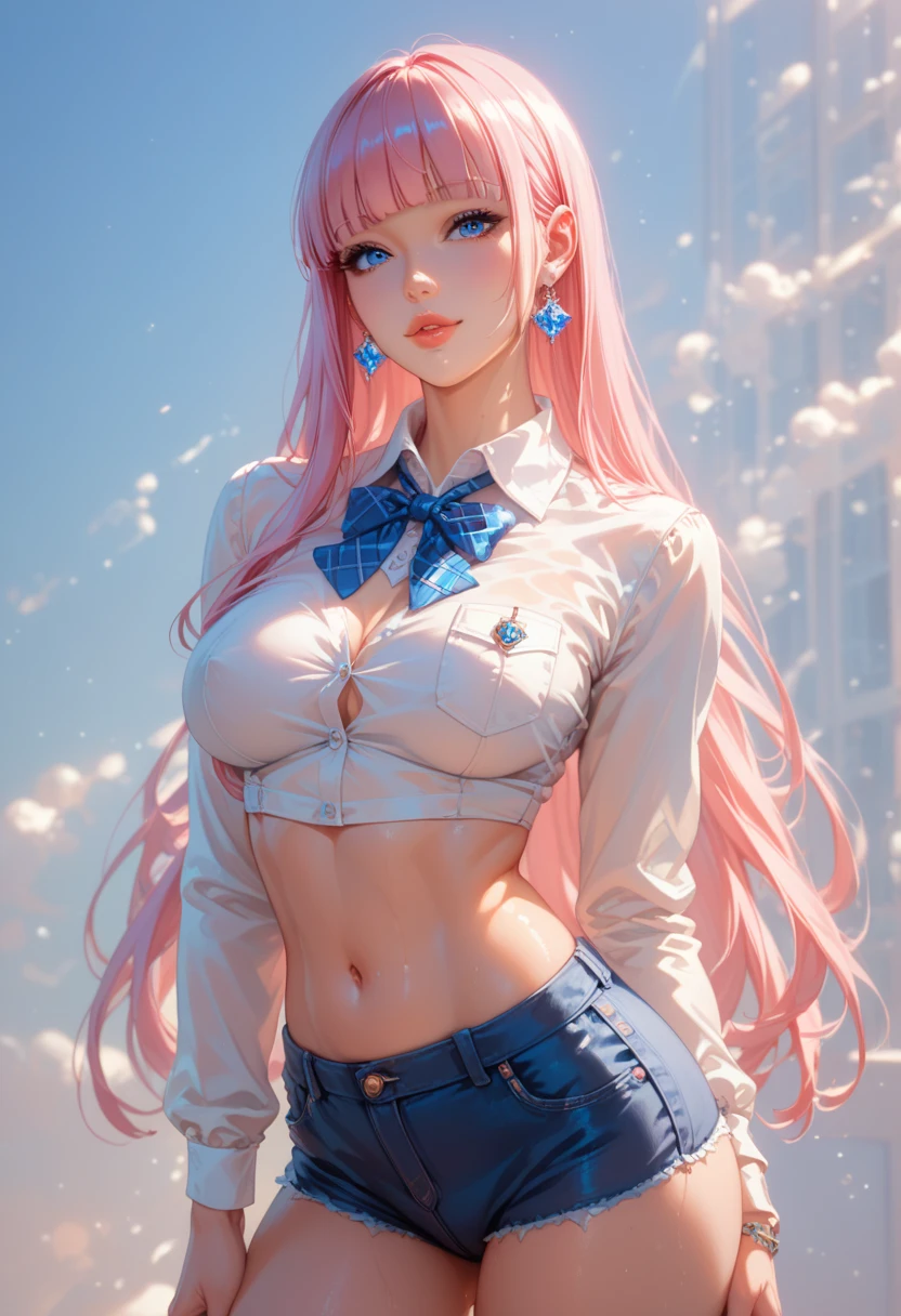 a beautiful age girl, detailed face, extremely detailed eyes and face, long eyelashes, detailed lips, long pink hair, large breasts, sailor school uniform skirt, exposed abdomen, (best quality,4k,8k,highres,masterpiece:1.2),ultra-detailed,(realistic,photorealistic,photo-realistic:1.37),highly detailed, intricate details, porcelain skin, warm lighting, cinematic, elegant, graceful, seductive