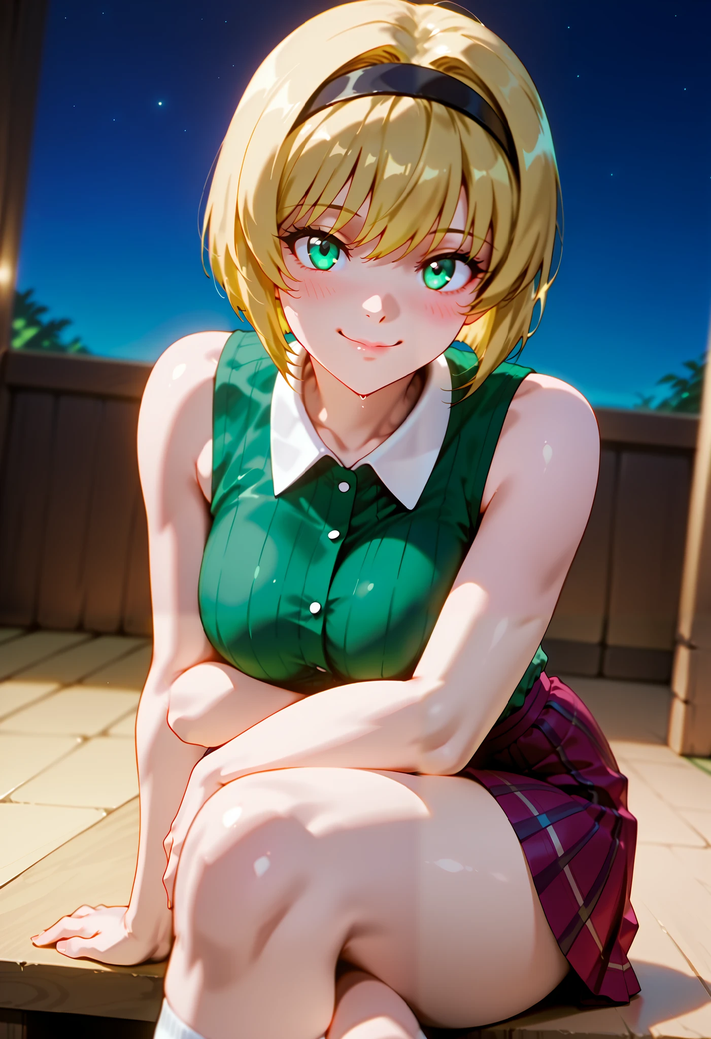 (dynamic angle, wide view, wide-angle lens, extremely detailed, CG, 8k Amazing, finely detail)), (intricate details, depth of field), 8k UHD, (masterpiece, best quality), ((amazing quality,very aesthetic,absurdres,best quality,newest, masterpiece)), ultra detailed, best quality, beautiful face, perfect anatomy, anatomically correct, athletic sexy body, Expressiveh, (cute face, cute body))), ((happy girl, proud to show her body)), ((((Miki H, blonde hair, bobcut, short hair,bangs, green eyes, black hairband, large breast, green striped shirt, sleeveless shirt, white collar, plaid pink miniskirt, white socks))), ((large breasts, slim sexy body, curvy hips, seductive pose, flirting, naughty face, blush)), (((looking at viewer, happy smile, joy, cowboy shot, dynamic pose)))), curvy, toned, athletic, sitting, arms down, crossed legs, ((((profile shot)))), (((seductive pose, sexy pose, cowboy pose)), indoors,((hourglass figure)), ((pinup pose, seductive pose,dynamic pose, seductive), ((precise face and eyes:1)) , ((looking at back, full body shot, hourglass figure, wide hips)))), fantasy, outdoors, ((highly detailed, highres, 8k, uhd, High Dynamic Range, tonemapping, crisp details, intricate details, fine details)), ((highly detailed skin texture, finely detailed hair, perfect face, perfect body, perfect hair, perfect anatomy, portrait)), finely detailed skin, sharp focus, (cinematic lighting), collarbone, night, soft lighting, dynamic angle, Side View, Shot From Side, Low View,, (side_view_perspective:1.3)
