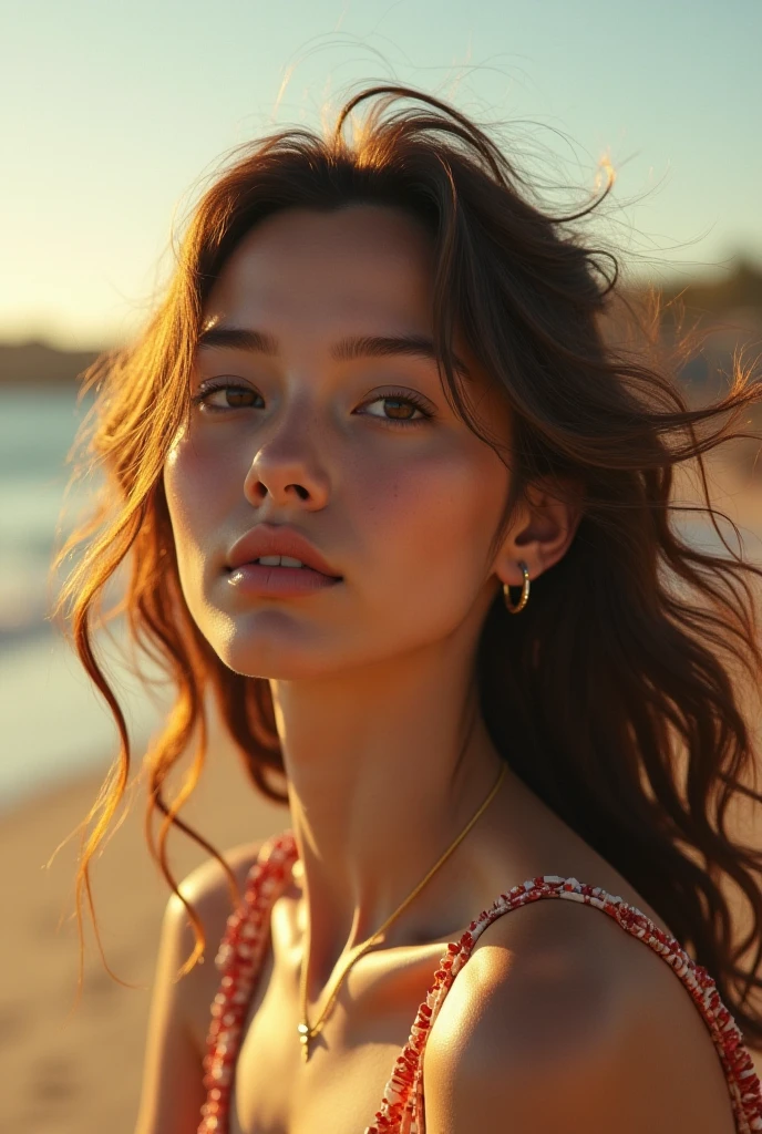(best quality,4k,8k,highres,masterpiece:1.2),ultra-detailed,(Ultra-realistic, photorealistic,photo-realistic:1.37), 1 beautiful young Japanese Italian half model, 17yo, She's posing in a way that emphasizes her breasts, seductive pose, (sitting on coral coast in Australia:1.5), detailed eyes, high nose, blue eyes, delicate facial features, long eyelashes, peaceful expression, colorful dress, detailed folds and textures, Sparkling Waves, warm vibrant colors, cinematic lighting, 8k, high quality, photorealistic, studio lighting, detailed texture, vivid colors, toned body, detailed moist skin texture,