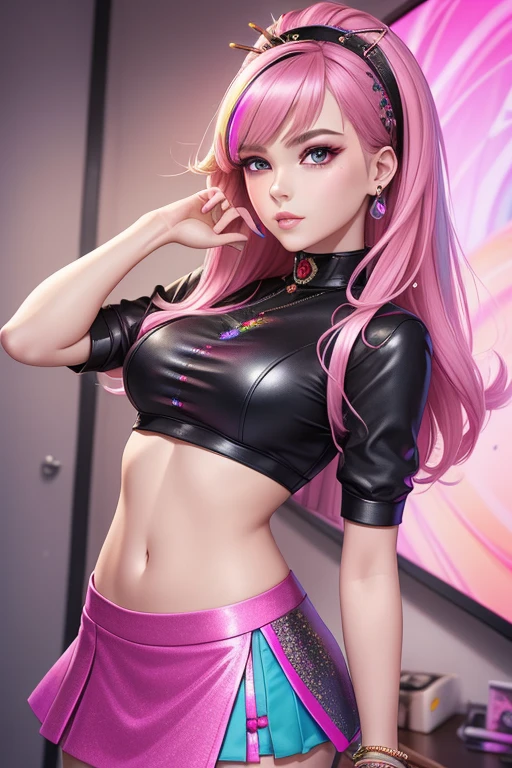 A cute Korean female singer, long pink hair, thin body, big ass, short skirt black silk, delicate facial features, curly hair, big breasts, background is stage, 8k picture quality, kneeling with open legs, facing the audience,