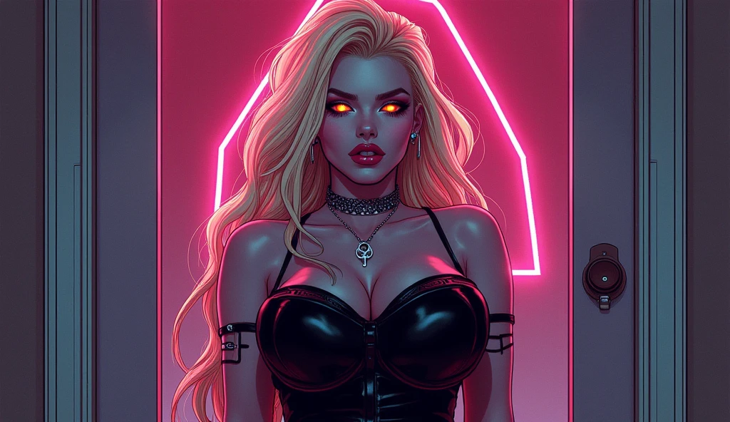 fantasy comic art fog hiding female vampire, you only see a pair of glowing pink glowing eyes )) full body picture, (((the fog hides the face))), red lips, blond hair, (((vampire fangs: 1.5))), glamour dress, you see only the glowing eyes , you see only the pair of eyes, fantasy dark alley background, the fog fills the alley, you see only the glowing eyes