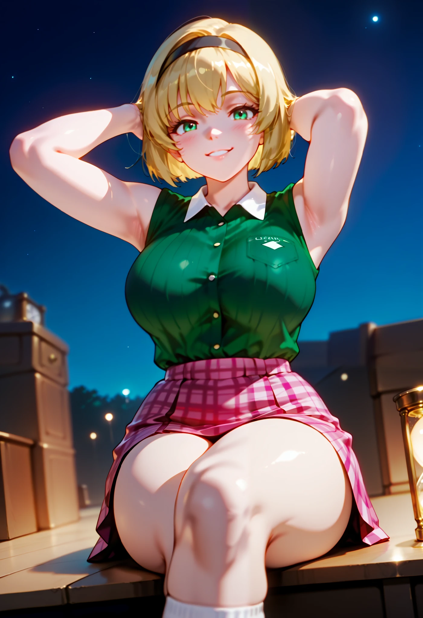 (dynamic angle, wide view, wide-angle lens, extremely detailed, CG, 8k Amazing, finely detail)), (intricate details, depth of field), 8k UHD, (masterpiece, best quality), ((amazing quality,very aesthetic,absurdres,best quality,newest, masterpiece)), ultra detailed, best quality, beautiful face, perfect anatomy, anatomically correct, athletic sexy body, Expressiveh, (cute face, cute body))), ((happy girl, proud to show her body)), ((((Miki H, blonde hair, bobcut, short hair,bangs, green eyes, black hairband, large breast, green striped shirt, sleeveless shirt, white collar, plaid pink miniskirt, white socks))), ((large breasts, slim sexy body, curvy hips, seductive pose, flirting, naughty face, blush)), (((looking at viewer, happy smile, joy, cowboy shot, dynamic pose)))), curvy, toned, athletic, sitting, arms up, crossed legs, ((((profile shot)))), (((seductive pose, sexy pose, cowboy pose)), indoors,((hourglass figure)), ((pinup pose, seductive pose,dynamic pose, seductive), ((precise face and eyes:1)) , ((looking at back, full body shot, hourglass figure, wide hips)))), fantasy, outdoors, ((highly detailed, highres, 8k, uhd, High Dynamic Range, tonemapping, crisp details, intricate details, fine details)), ((highly detailed skin texture, finely detailed hair, perfect face, perfect body, perfect hair, perfect anatomy, portrait)), finely detailed skin, sharp focus, (cinematic lighting), collarbone, night, soft lighting, dynamic angle, Side View, Shot From Side, Low View,, (side_view_perspective:1.3)