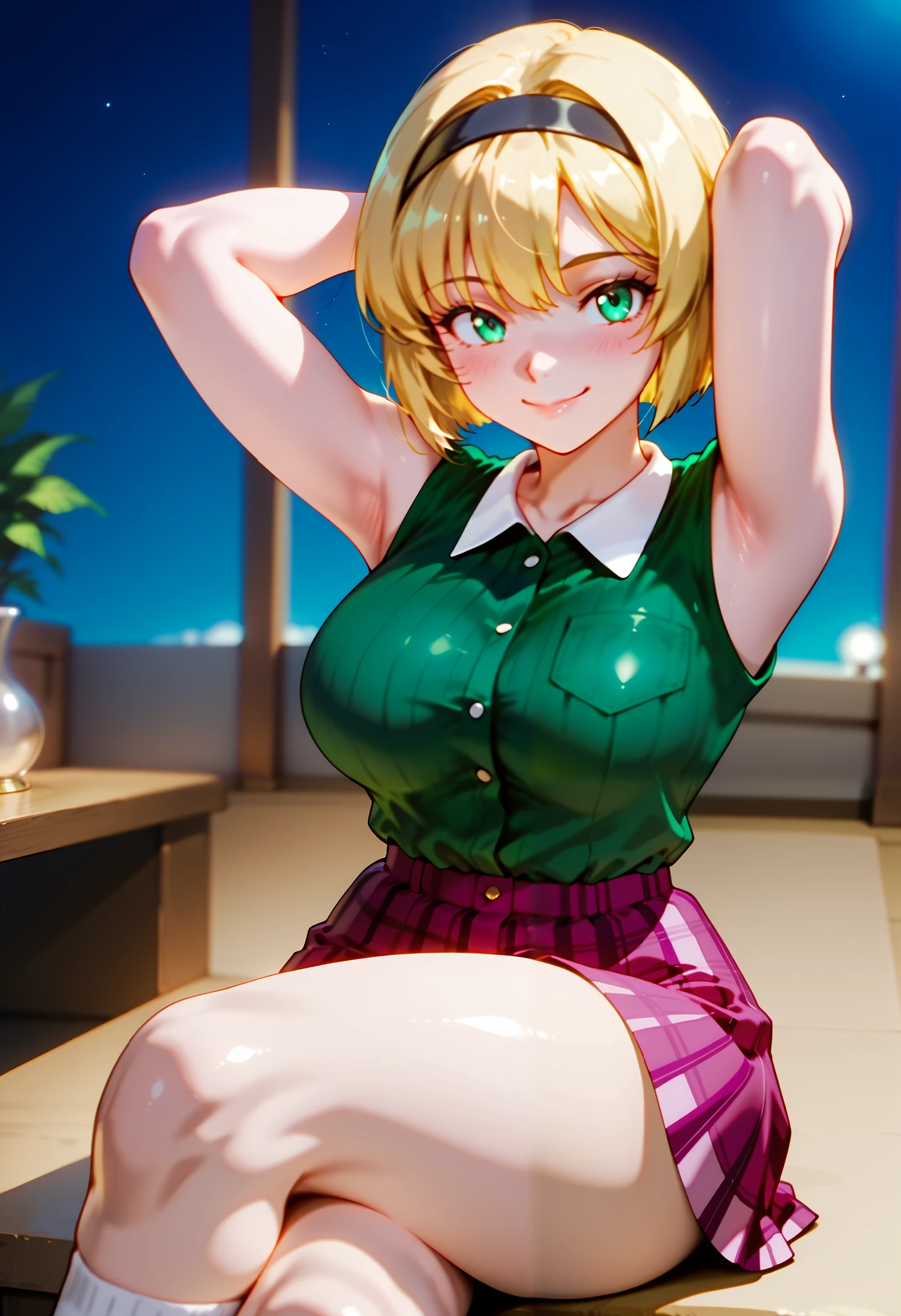 (dynamic angle, wide view, wide-angle lens, extremely detailed, CG, 8k Amazing, finely detail)), (intricate details, depth of field), 8k UHD, (masterpiece, best quality), ((amazing quality,very aesthetic,absurdres,best quality,newest, masterpiece)), ultra detailed, best quality, beautiful face, perfect anatomy, anatomically correct, athletic sexy body, Expressiveh, (cute face, cute body))), ((happy girl, proud to show her body)), ((((Miki H, blonde hair, bobcut, short hair,bangs, green eyes, black hairband, large breast, green striped shirt, sleeveless shirt, white collar, plaid pink miniskirt, white socks))), ((large breasts, slim sexy body, curvy hips, seductive pose, flirting, naughty face, blush)), (((looking at viewer, happy smile, joy, cowboy shot, dynamic pose)))), curvy, toned, athletic, sitting, arms up, crossed legs, ((((profile shot)))), (((seductive pose, sexy pose, cowboy pose)), indoors,((hourglass figure)), ((pinup pose, seductive pose,dynamic pose, seductive), ((precise face and eyes:1)) , ((looking at back, full body shot, hourglass figure, wide hips)))), fantasy, outdoors, ((highly detailed, highres, 8k, uhd, High Dynamic Range, tonemapping, crisp details, intricate details, fine details)), ((highly detailed skin texture, finely detailed hair, perfect face, perfect body, perfect hair, perfect anatomy, portrait)), finely detailed skin, sharp focus, (cinematic lighting), collarbone, night, soft lighting, dynamic angle, Side View, Shot From Side, Low View,, (side_view_perspective:1.3)