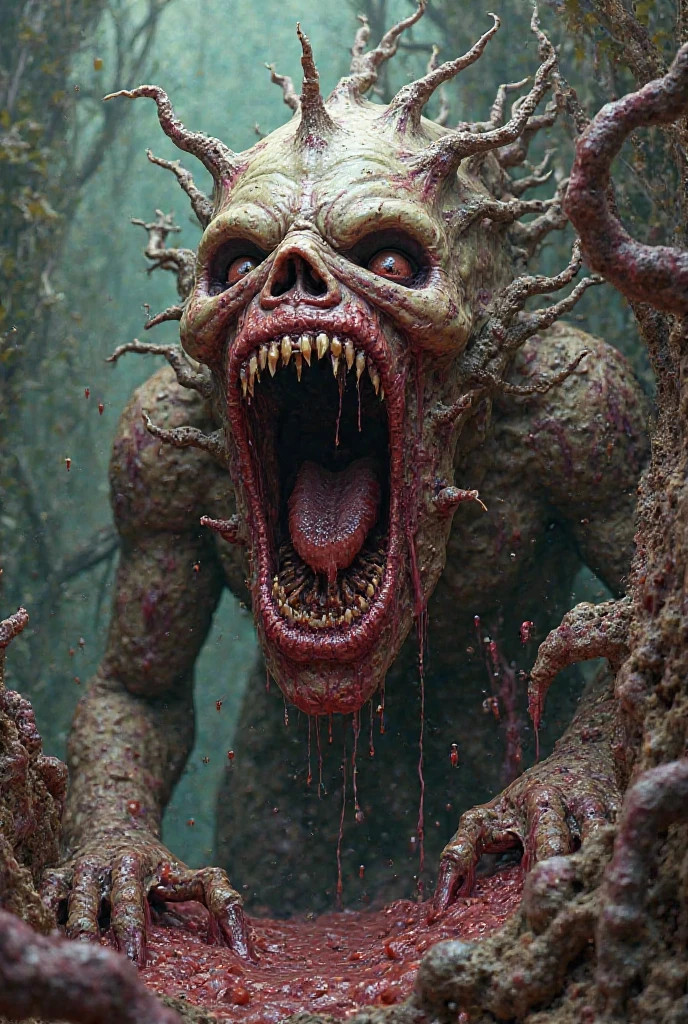 A bizarre, unsettling scene of a reality constructed entirely from meat, flesh, organs, and blood. The landscape is a grotesque mix of limbs, entrails, and veins that form a twisted, nightmare-like environment. Distorted humanoid figures made of flesh and blood are seen wandering through this macabre world, their expressions a mix of horror and confusion.