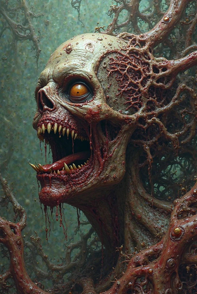 It is a creature that is a grotesque amalgamation of human, slug and dragon. Its form is a twisted mockery of species, with human-like skin stretched taut over a dragon-like skeletal frame. Massive tears and rents mar its visage, exposing raw tissue, sinew, and bone beneath, as if the skin were forcibly pulled over the dragon's frame until it could stretch no more, but was still stretched even further. The creature's body is covered with a slimy, gelatinous texture. It's grotesque snout is lined with jagged stitches, fitted only with dagger-like fangs that are a sickly color. Massive, oozing flaps mar its visage, secreting a thick, viscous mucus coating its jagged fangs. Its snout is elongated and slimy, with layers of wrinkled flesh resembling the folds of a slug's mantle. Its eyes are nestled within deep sockets, each iris is a sickly mix of murky brown and fiery orange, punctuated by prominent slit pupils that seem to pulse. It's wing's are made of membranes of skin stretched to their limit, with edges fringed by bloody bones protruding from the torn skin. Veins course like rivers beneath the translucent skin, pulsating with an eerie vitality. Its hind legs, broken and healed in a cruel mockery of nature, are digitigrade in form, with claws piercing through stretched skin, a cruel reminder of the agony it endures. The elongated neck is adorned with frills resembling gashes from a savage blade, the skin stretched painfully tight over each sinew and tendon. Horns jut from its skull, torn from the very flesh that struggles to contain them, their surface resembling bone marrow exposed to the elements. From the lower back of the creature, extends a tail that resembles the elongated body of a giant slug. The tail undulates with a sickening rhythm, its slimy surface glistening with a viscous mucus that drips in slimy rivulets, leaving a trail of glistening slime in its wake. Amidst the jagged stitches and oozing flaps, there are subtle hints of feminine curvature, sugge
