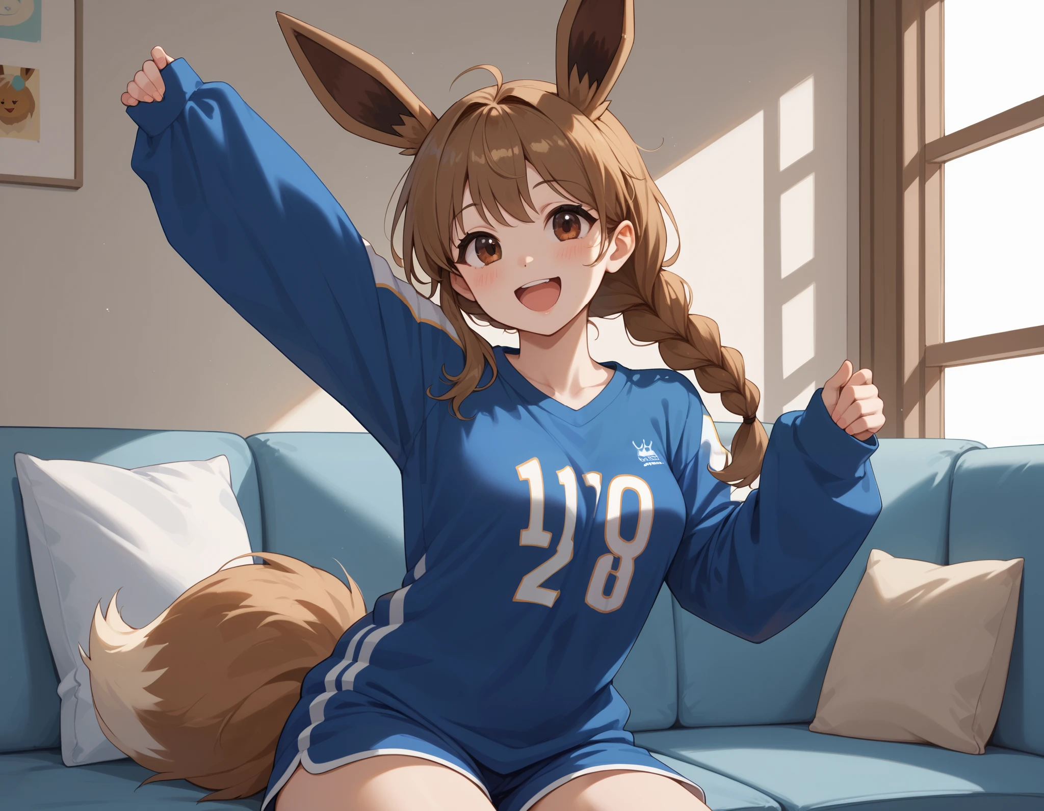 (Masterpiece) (High Detail) (High Res) Wide shot of A very short, cute and petite Human female with pale human skin and brown eyes and long brown braided hair and fluffy brown pointed Eevee ears and a long fluffy brown Eevee tail with a light tip and medium breasts. She looks like she is having fun. Human with Animal Ears. She is wearing a big blue oversized icehockey jersey. Sleeves too long. Oversized clothing. She is sat at home on the sofa and is getting very excited and cheering about sports.. She has one hand in the air and is cheering and looking happy. Oversized sleeves. Bottomless.