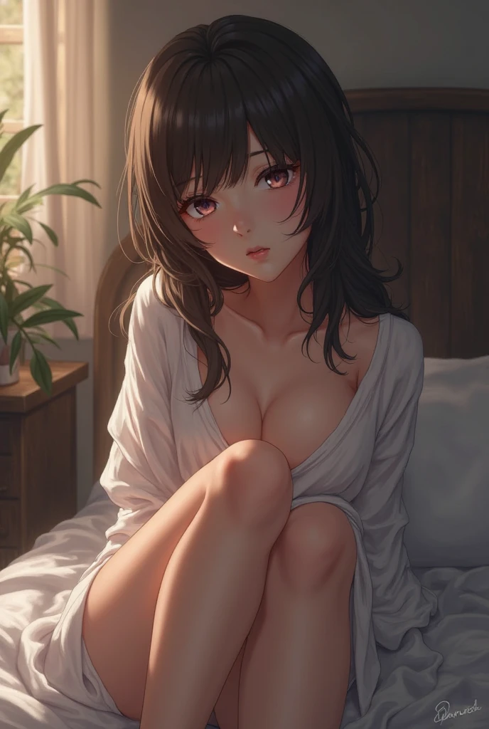(photorealism:1.2), beautiful woman, sitting on bed, wearing loose off-shoulder top, pajama pants, long curly hair, indoors, soft lighting, plants in background, window with sunlight, cozy room, uncomfortable pose, realistic, intricate details, cold colors, anime, open mouth, extended tongue, saliva, blushing brightly, bra