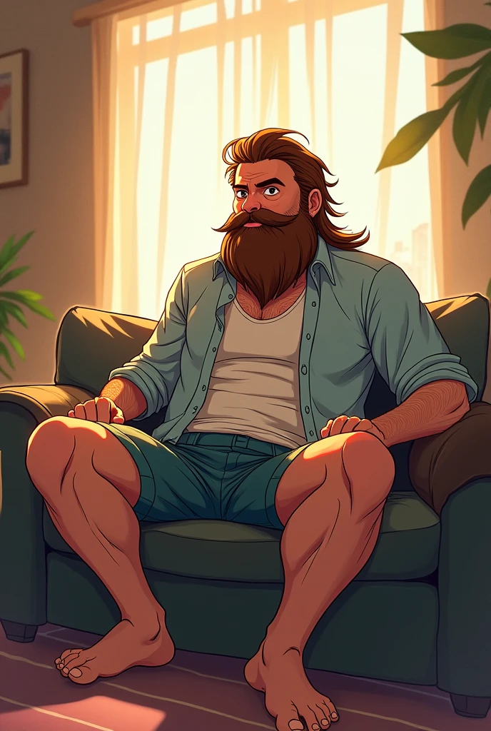 Draw a picture in anime style of a giant lying and sleeping on a couch that is much too small for him. He has brown slightly wavy chin-length hair. His hair tickles him in his sleep