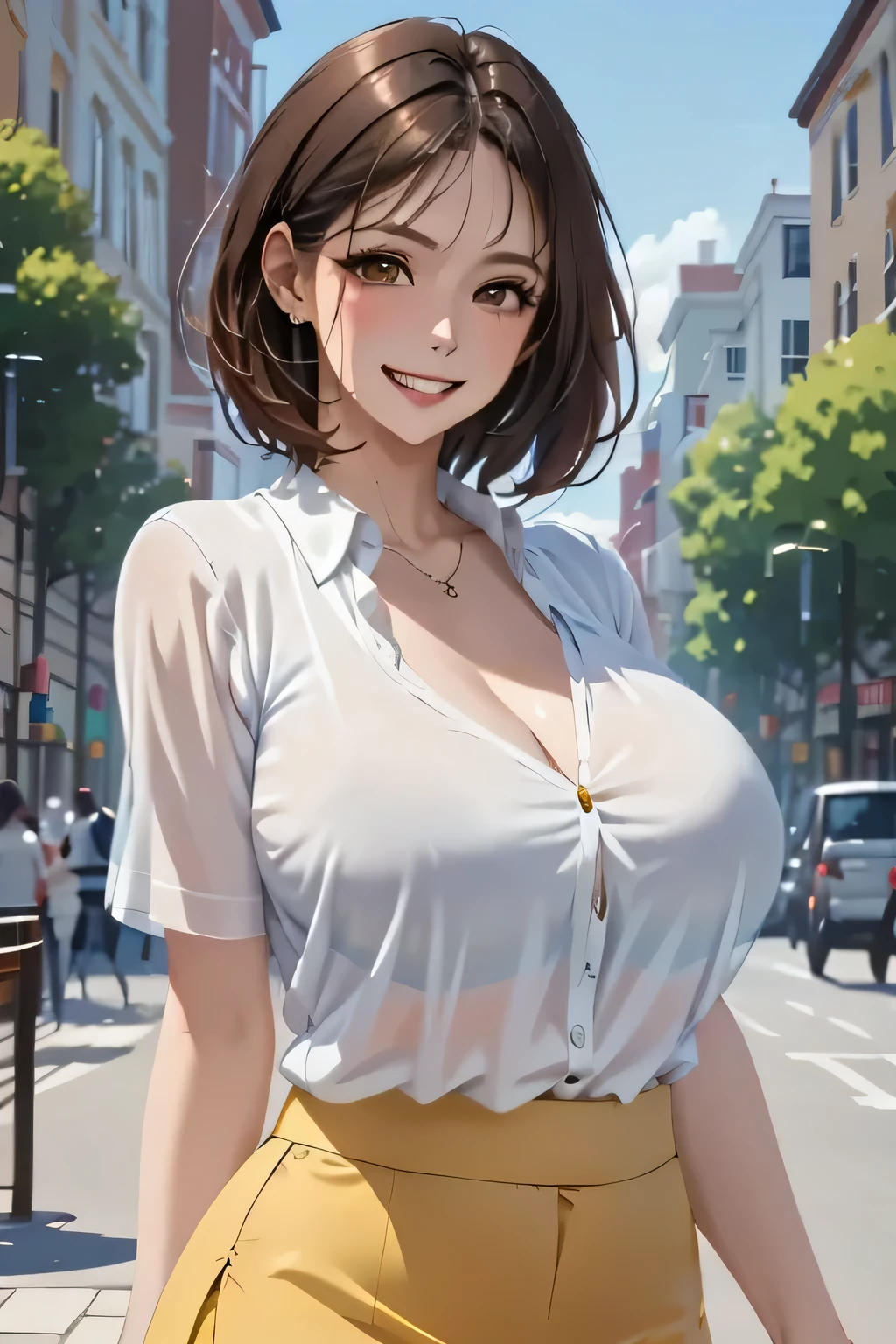 Beautiful 34 year old Japanese woman firm body breasts perfect detailed face tender blushing blushing cheek charming smile shirt short jeans short brown hair 