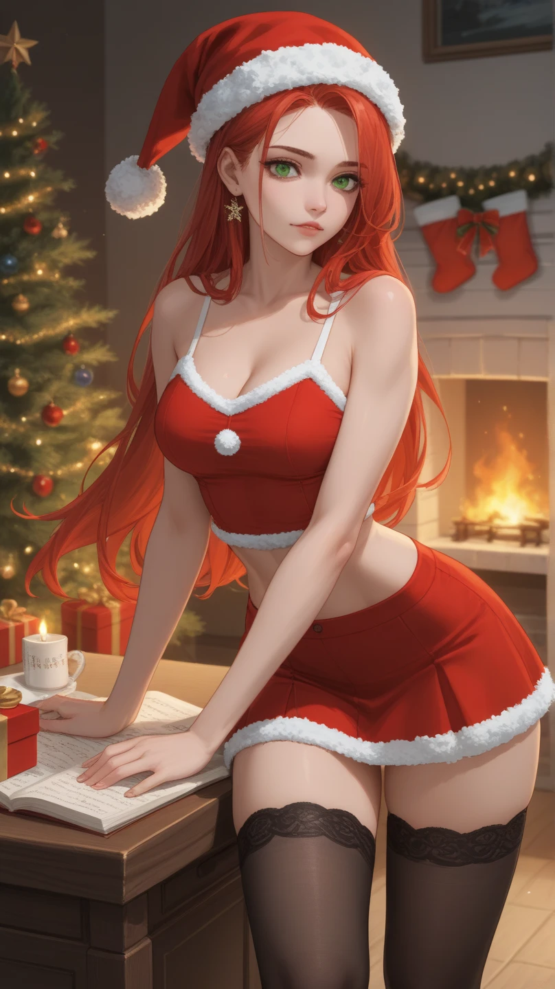 1 woman, red hair, lingerie, Santa hat, Christmas, masterpiece, best quality perfect face smile