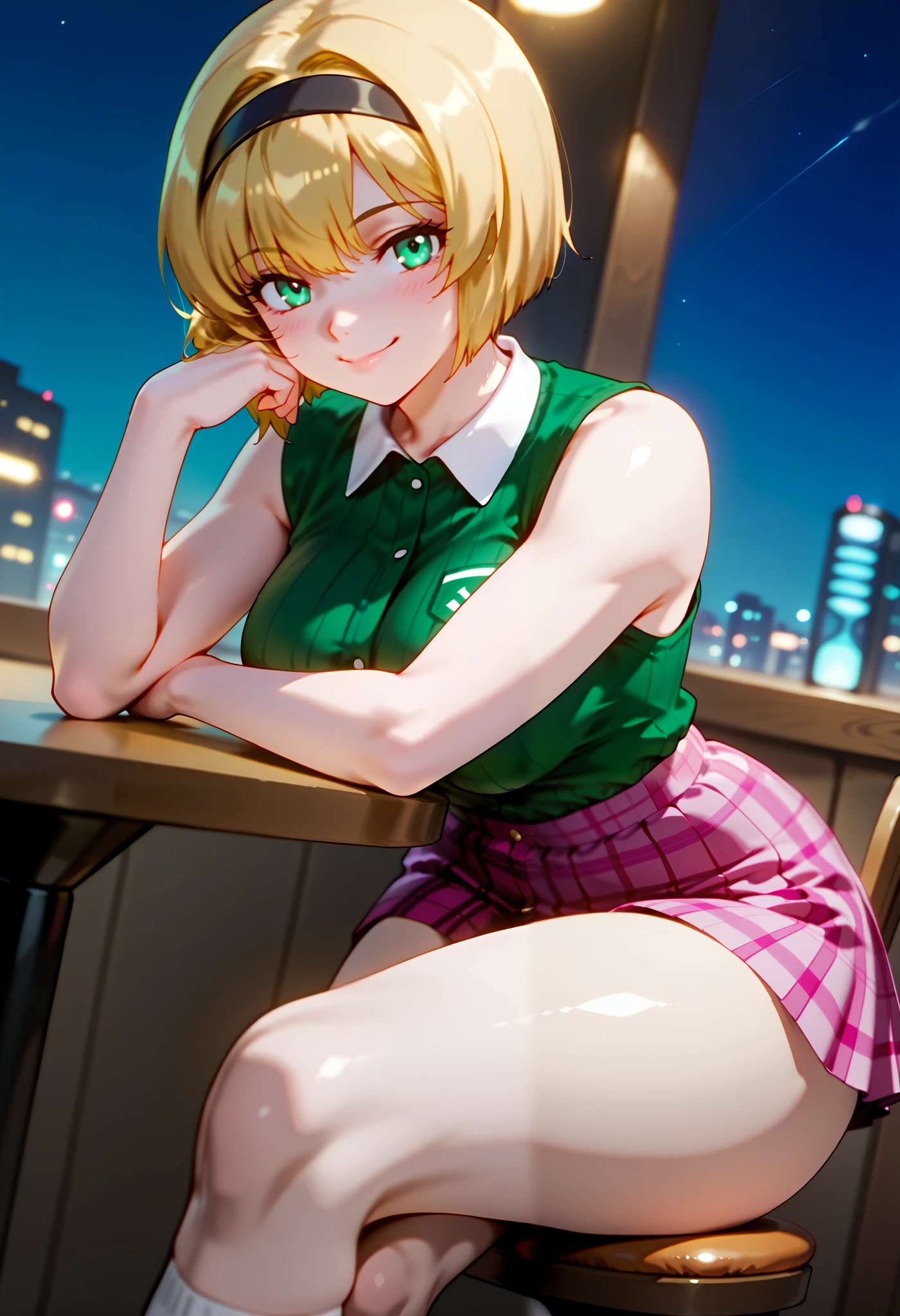 (dynamic angle, wide view, wide-angle lens, extremely detailed, CG, 8k Amazing, finely detail)), (intricate details, depth of field), 8k UHD, (masterpiece, best quality), ((amazing quality,very aesthetic,absurdres,best quality,newest, masterpiece)), ultra detailed, best quality, beautiful face, perfect anatomy, anatomically correct, athletic sexy body, Expressiveh, (cute face, cute body))), ((happy girl, proud to show her body)), ((((Miki H, blonde hair, bobcut, short hair,bangs, green eyes, black hairband, large breast, green striped shirt, sleeveless shirt, white collar, plaid pink miniskirt, white socks))), ((large breasts, slim sexy body, curvy hips, seductive pose, flirting, naughty face, blush)), (((looking at viewer, happy smile, joy, cowboy shot, dynamic pose)))), curvy, toned, athletic, sitting, arms on table, crossed legs, ((((profile shot)))), (((seductive pose, sexy pose, cowboy pose)), indoors,((hourglass figure)), ((pinup pose, seductive pose,dynamic pose, seductive), ((precise face and eyes:1)) , ((looking at back, full body shot, hourglass figure, wide hips)))), fantasy, outdoors, ((highly detailed, highres, 8k, uhd, High Dynamic Range, tonemapping, crisp details, intricate details, fine details)), ((highly detailed skin texture, finely detailed hair, perfect face, perfect body, perfect hair, perfect anatomy, portrait)), finely detailed skin, sharp focus, (cinematic lighting), collarbone, night, soft lighting, dynamic angle, Side View, Shot From Side, Low View,, (side_view_perspective:1.3)