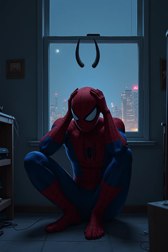by Ippolito Caffi, (spiderman) in a boring office, looming, (staring out window:1.2), mug, desk, (dangerous, mysterious, powerful, extremely beautiful:1.4), (intricate details, masterpiece, best quality:1.4) ,Astral Aura, astral, colorful aura, vibrant energy, looking at viewer