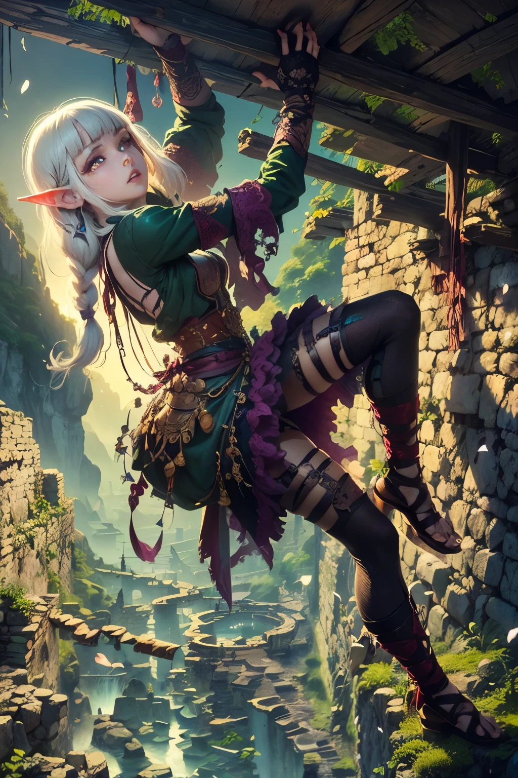(Ultra-detailed face, Looking away, Gothic Illustration, Dark tone colors. She has five fingers on her hands and five toes on her feet.), BREAK
(Spring daytime when the sun shines brightly. A haze hangs in the air. Ancient stone ruins that create a mysterious atmosphere. Petals of spring flowers are dancing in the air.), BREAK
(A female dark elf adventurer is moving along a wall through a narrow passageway piled with stones. Her arms and legs are outstretched, and she hangs her limbs on the clues of the stone wall in a daring pose.), BREAK
(She has pure white hair, pure white eyebrows, blunt bangs, hair reaching to her waist that waves in the wind, small pink lips, lavender eyes, dark purple skin, and thick eyeliner. She enjoys adventure.), (She wears a traditional short, dark green, medieval European-style lace-up dress with cherry-red lace ribbon tie and embroidered cherry blossoms, and brown leather laced sandals.)