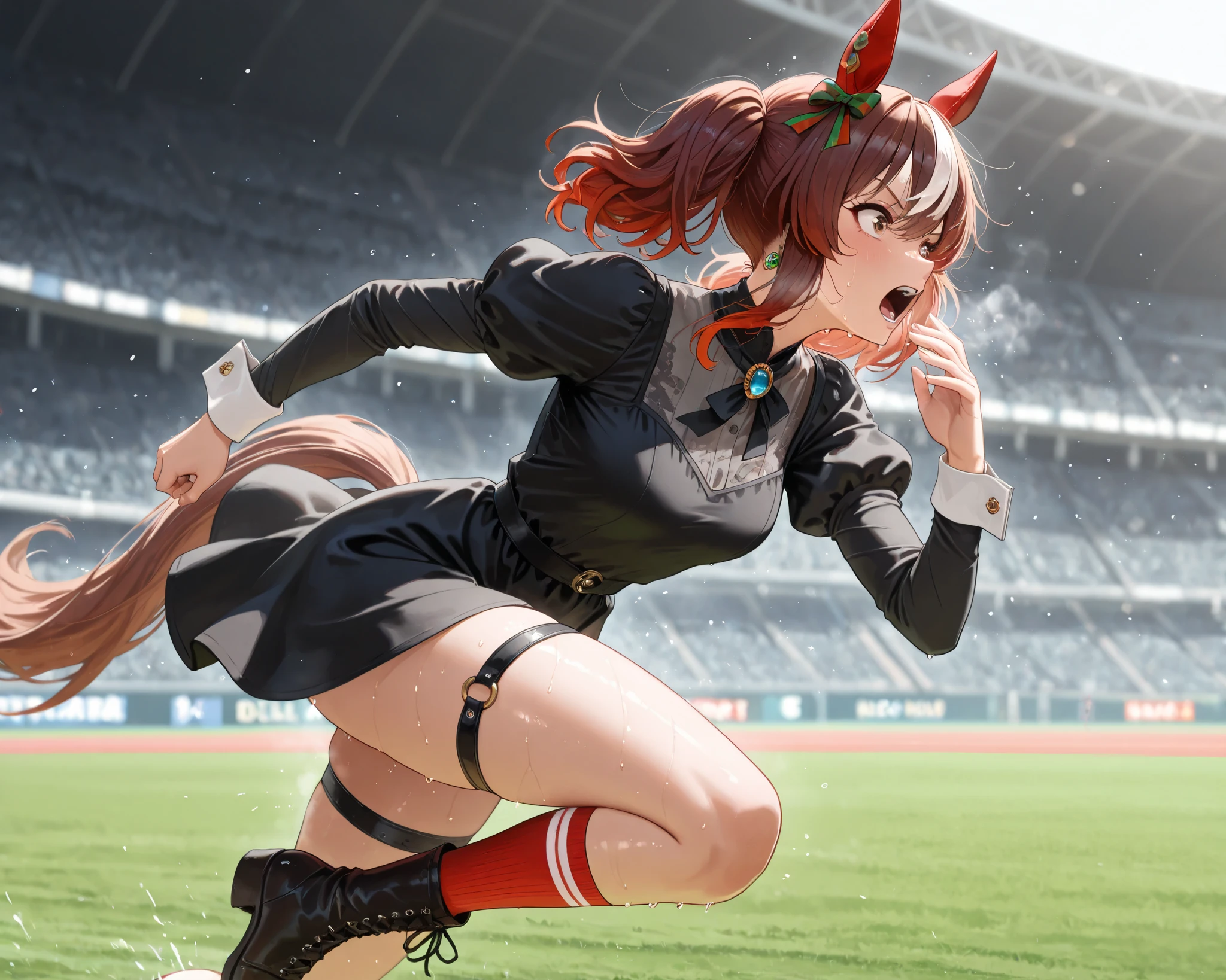 masterpiece,最high quality of wavy lines,Absard dress,high resolution,非常にbeautiful,high quality of wavy lines, details,insanely details,beautiful, perfect lighting, ,depth of field,blurry background,Bokeh, outdoor, Athletic, blurry background, running,, open your mouth, sweat, motion blur, , running, Stadium, from the side, sweat, full speed,
1 girl, horse girl at work, brown hair, model, brown eyes, Horseshoe, multicolored hair, medium hair, twin tails, animal ears, horse ears, ear covers, red hair,
horse ears, Horseshoe, Brown Lace Up Boots , black dress, Striped Puff Sleeves, Juliet Sleeves, oblique stripe bow tie, red ear covers, button, red thigh strap, red socks, grey shirt, brooch, O-ring, Black Dress, Diagonal Stripe Cuffs, green earring