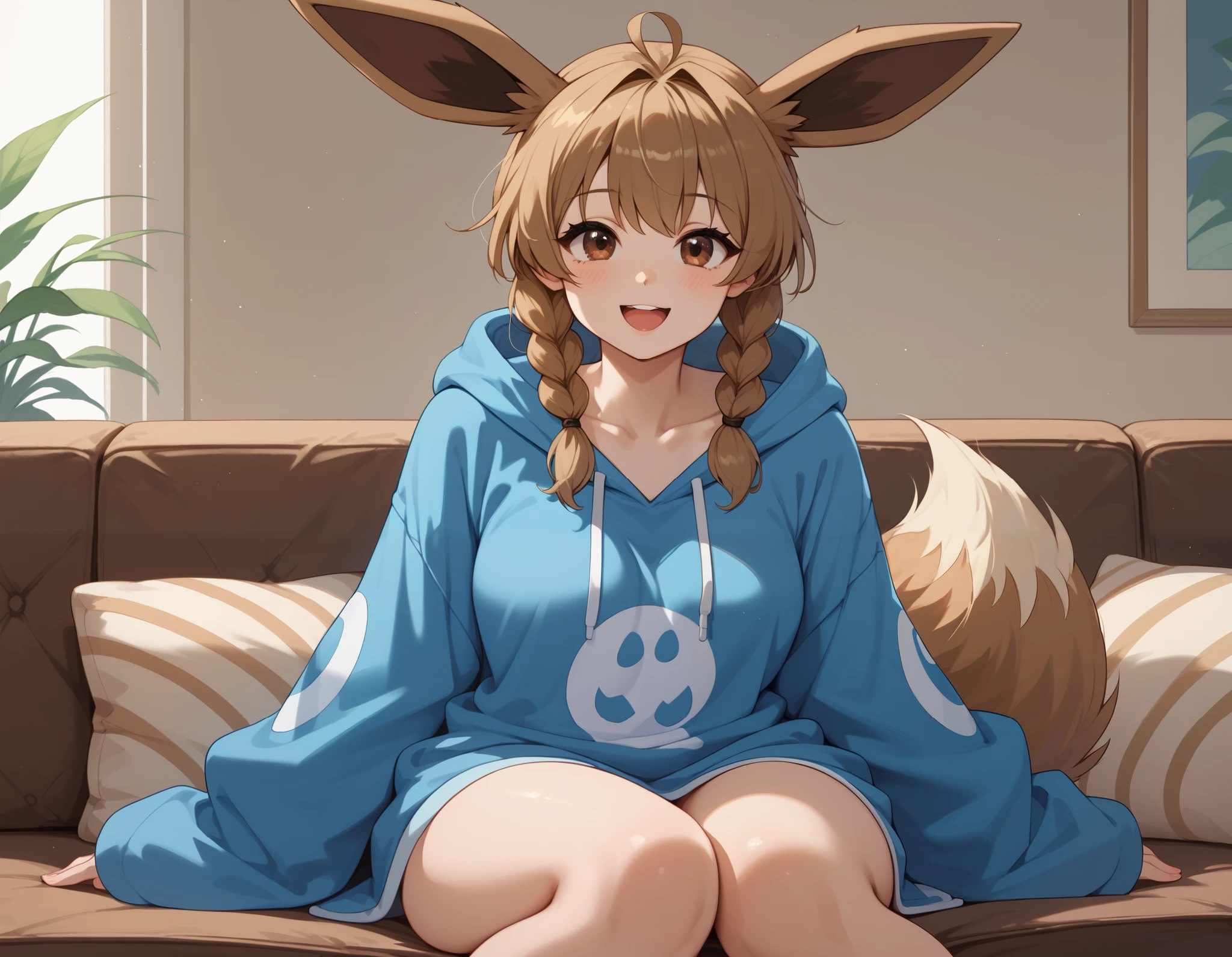 (Masterpiece) (High Detail) (High Res) Wide shot of A very short, cute and petite Human female with pale human skin and brown eyes and long brown braided hair and fluffy brown pointed Eevee ears and a long fluffy brown Eevee tail with a light tip and medium breasts. She looks like she is having fun. Human with Animal Ears. She is wearing a big blue oversized hoodie. Sleeves too long. Hoodie down to knees. Oversized clothing. She is kneeling on a sofa. She is looking happy and is looking past the viewer. Oversized sleeves. Bottomless.