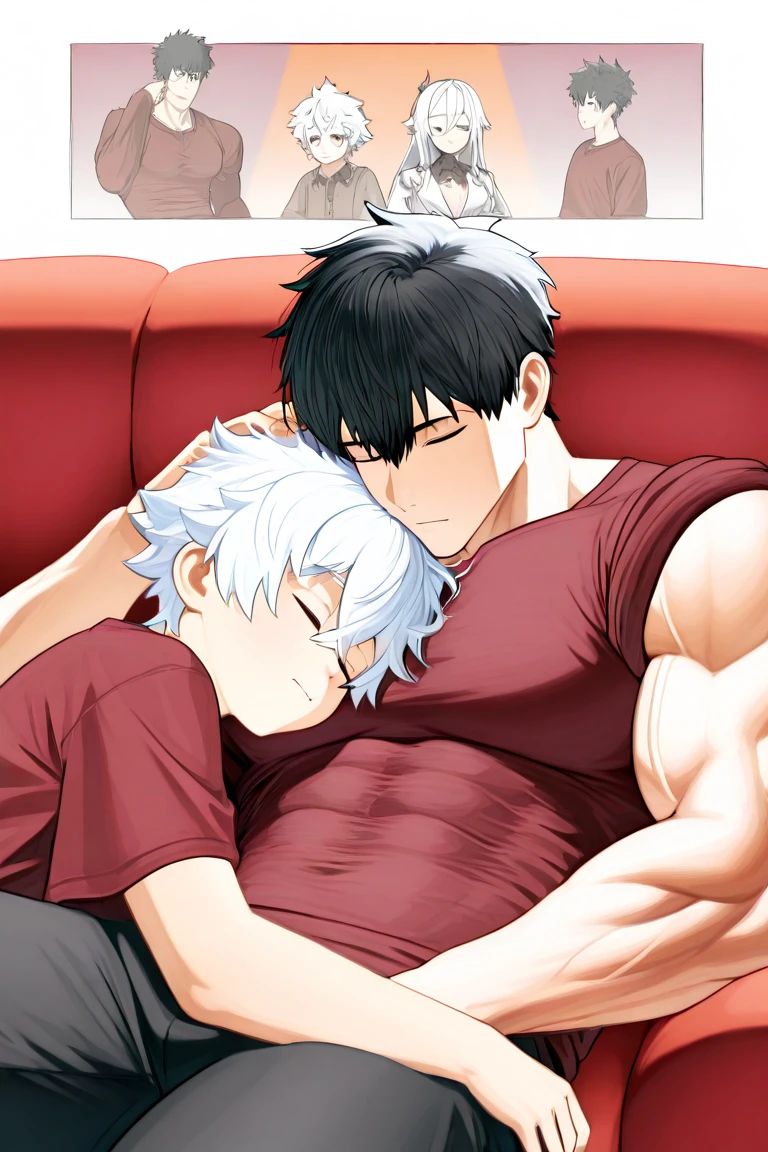 TWO MEN HAVING SEXUAL RELATIONS one with short black hair and the other with short white hair, he throws the one with short black hair into bed, he gets angry and the one with short white hair, he is smiling anime