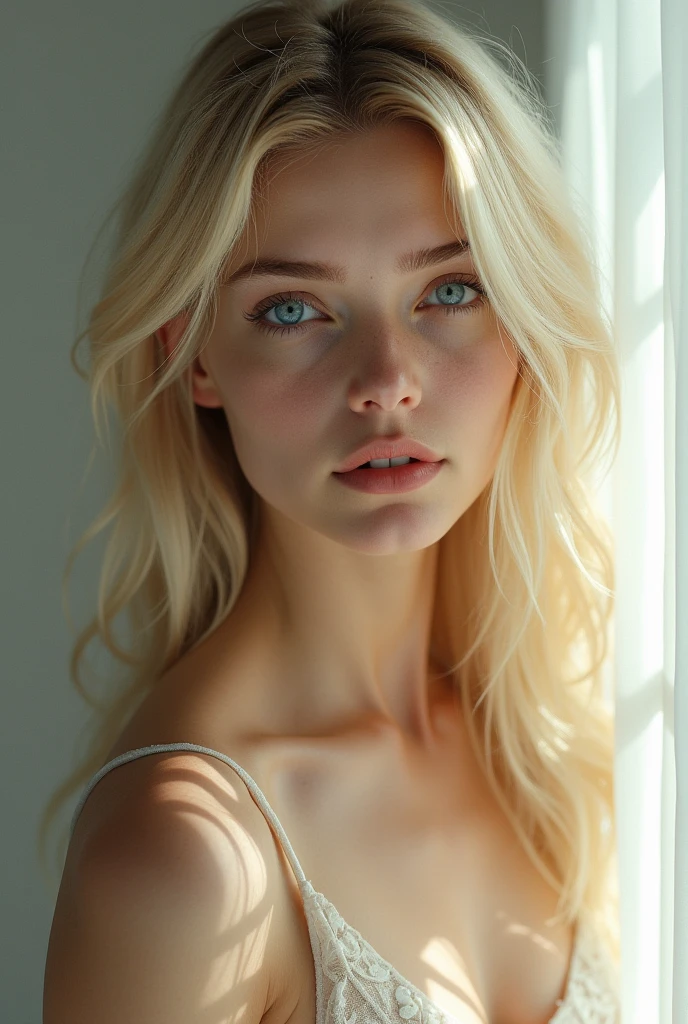 Tall girl and slender, blonde hair, blue eyes, fair skin, Nordic elegance