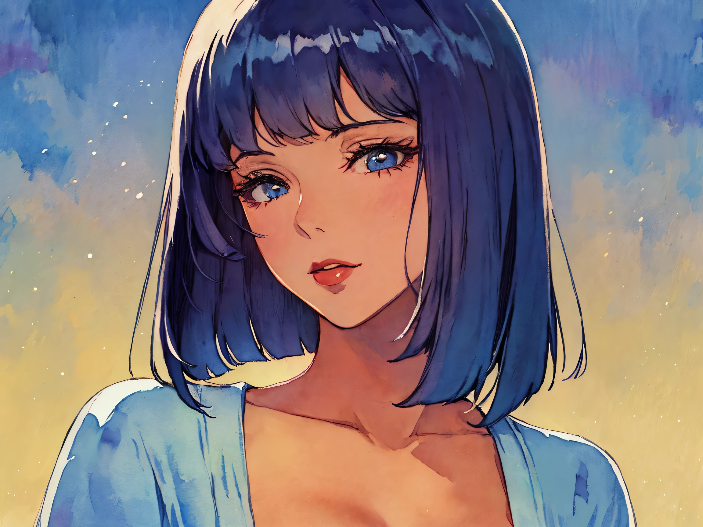 masterpiece, highly detailed, highest quality, high resolution, super precise, (1 girl), plain oversized Tee-shirt, plain sheer colored waist high pantyhose,, flawless skin, inky black dark violet hair, pixie cut hairstyle, sharp facial features, young 16 year old teenager, sharp facial features, high bridged nose, medium height(178cm), cowboy shot, slender and slim body with ample curves, velvet colored eyes,