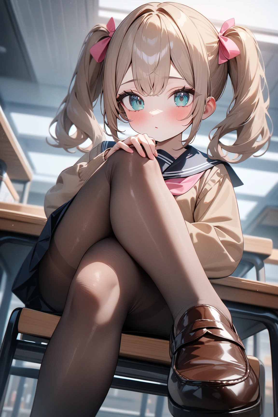 (((masterpiece))), (((best quality))), ((ultra-detailed)), (illustration), (detailed light), ((an extremely delicate and beautiful)), (beautiful detailed eyes), (sunlight), 1 girl, classroom, smile, sitting, from side, open mouth, blush, hifumi-default, hifumi \(blue archive\), yellow eyes, light brown hair, long hair, low twintails, halo, , blue sailor collar, white cardigan, pleated skirt, black pantyhose, sneakers
