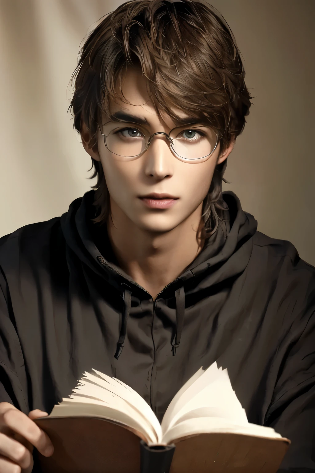 dark brown hair and big dark brown eyes((精密細密なplain glasses))read a very large magic book((fantasy costume))