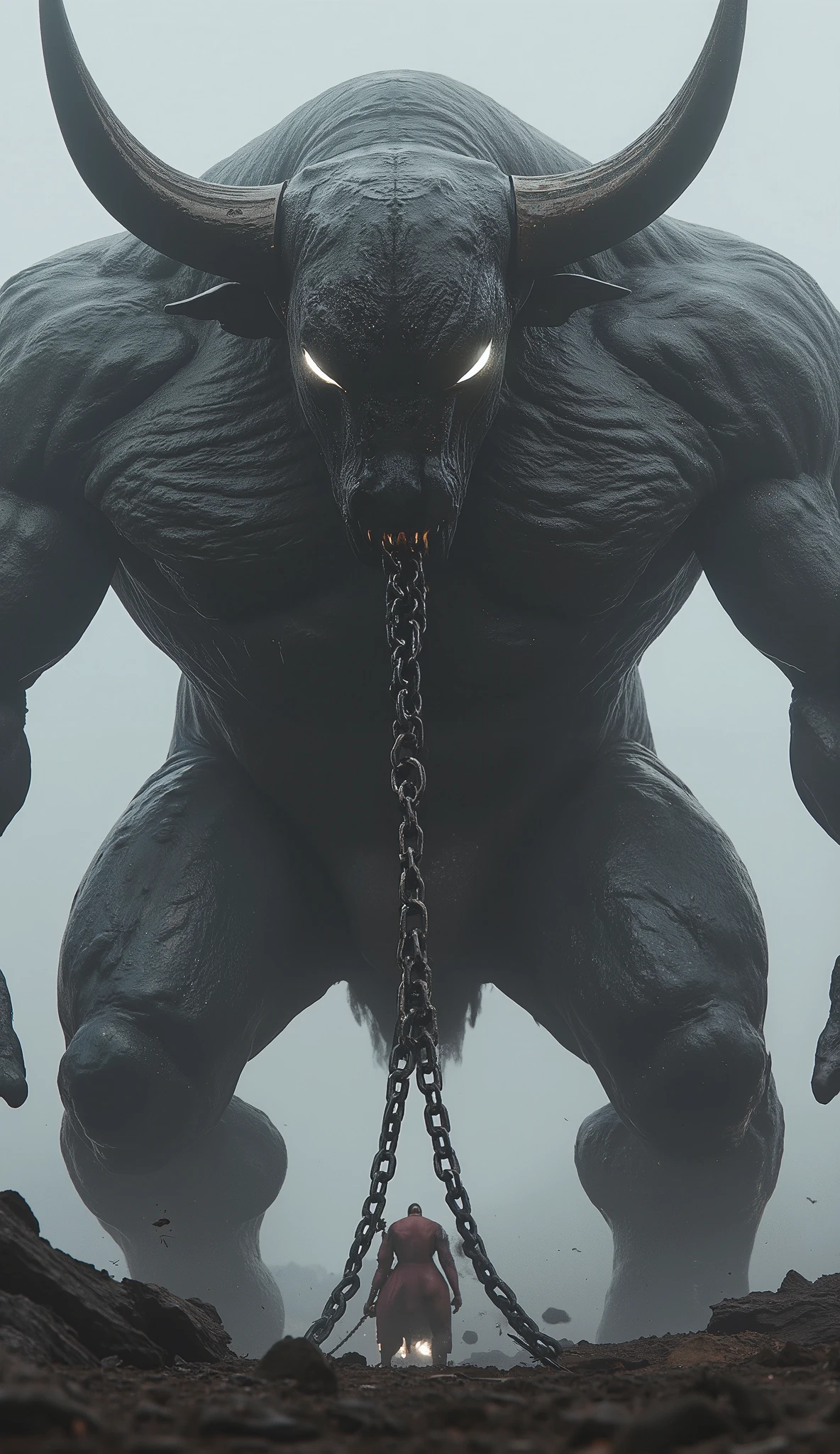 **"Taurus Titan, bull-headed behemoth, muscles like carved stone, dragging a shattered battlefield chain, cinematic low-angle shot, movie-like lighting."**  