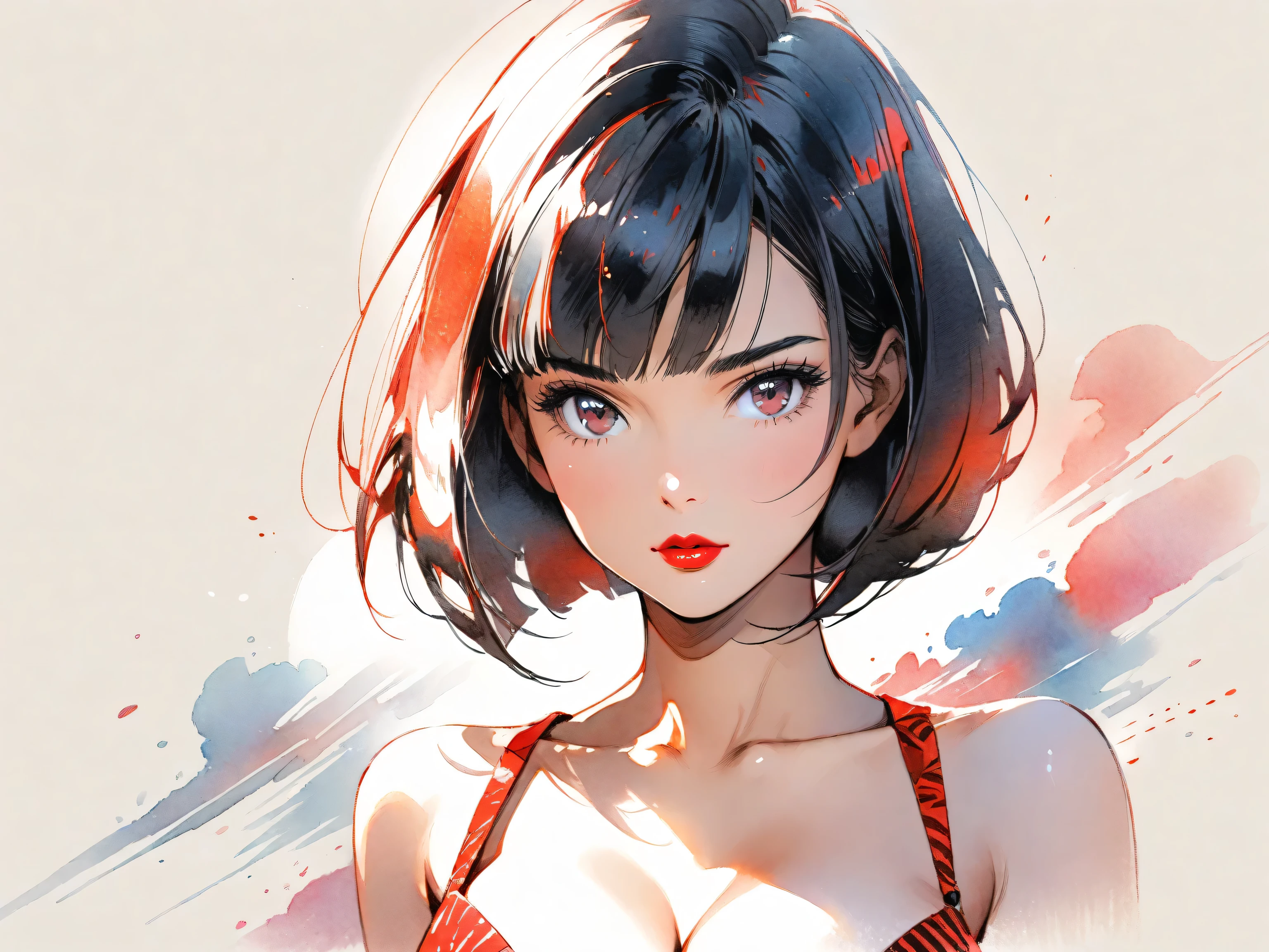 1girl, solo, bob cut, short hair, portrait, closed mouth, looking at viewer, watercolor \(medium\), lips, hatching \(texture\), red lips, shiny skin, perfect breasts, cleavage, plunging neckline, style retro classic, illustrated anime,