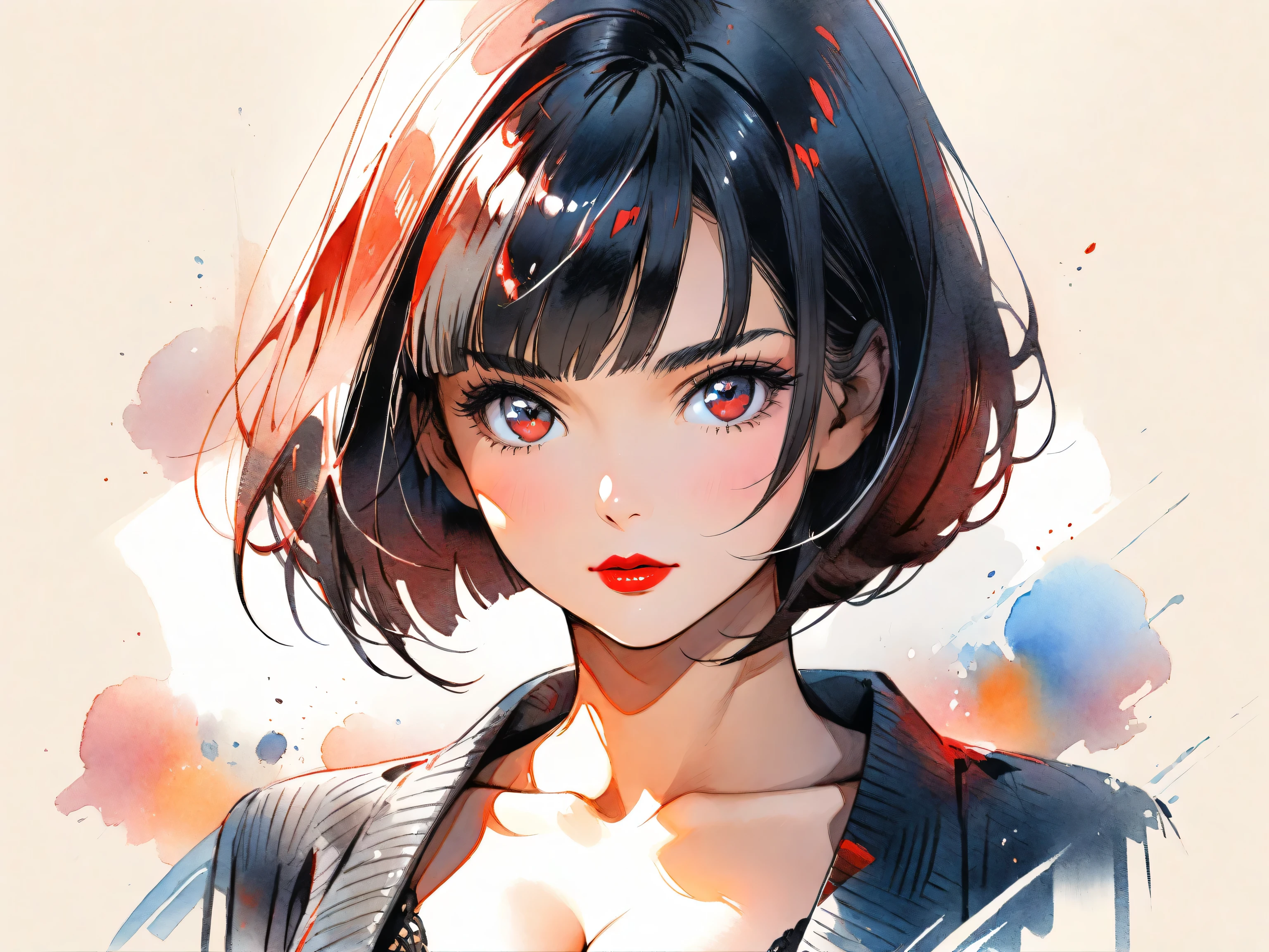 1girl, solo, bob cut, short hair, portrait, closed mouth, looking at viewer, watercolor \(medium\), lips, hatching \(texture\), red lips, shiny skin, perfect breasts, cleavage, plunging neckline, style retro classic, illustrated anime, 